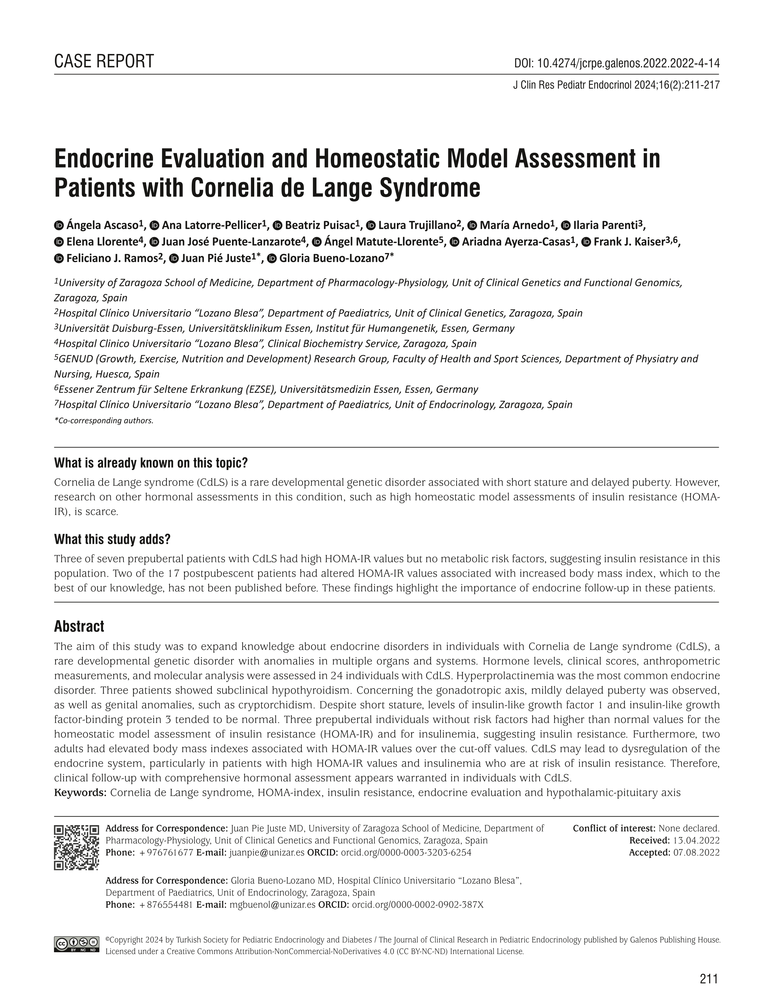 Endocrine Evaluation and Homeostatic Model Assessment in Patients with Cornelia de Lange Syndrome