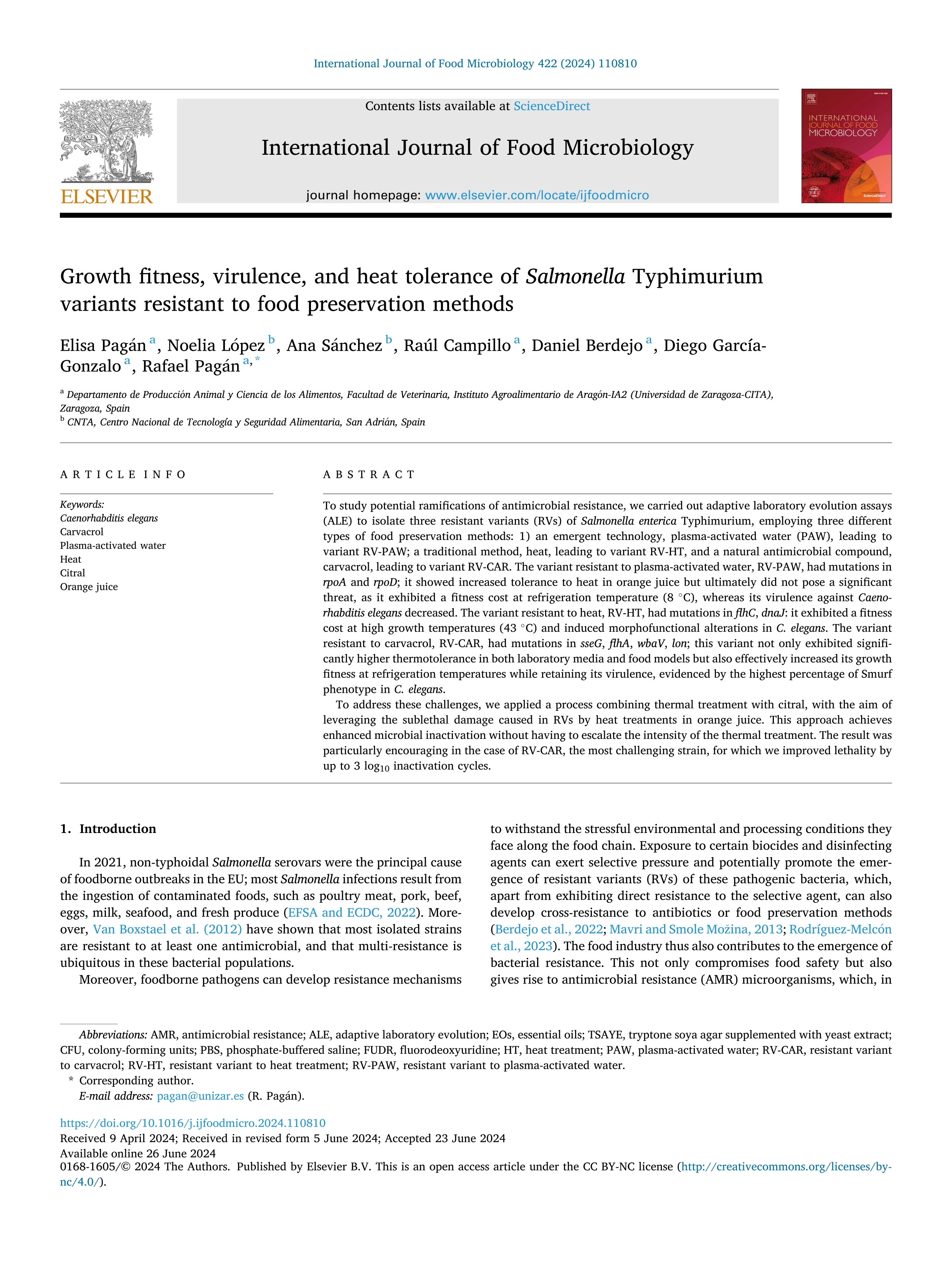 Growth fitness, virulence, and heat tolerance of Salmonella Typhimurium variants resistant to food preservation methods