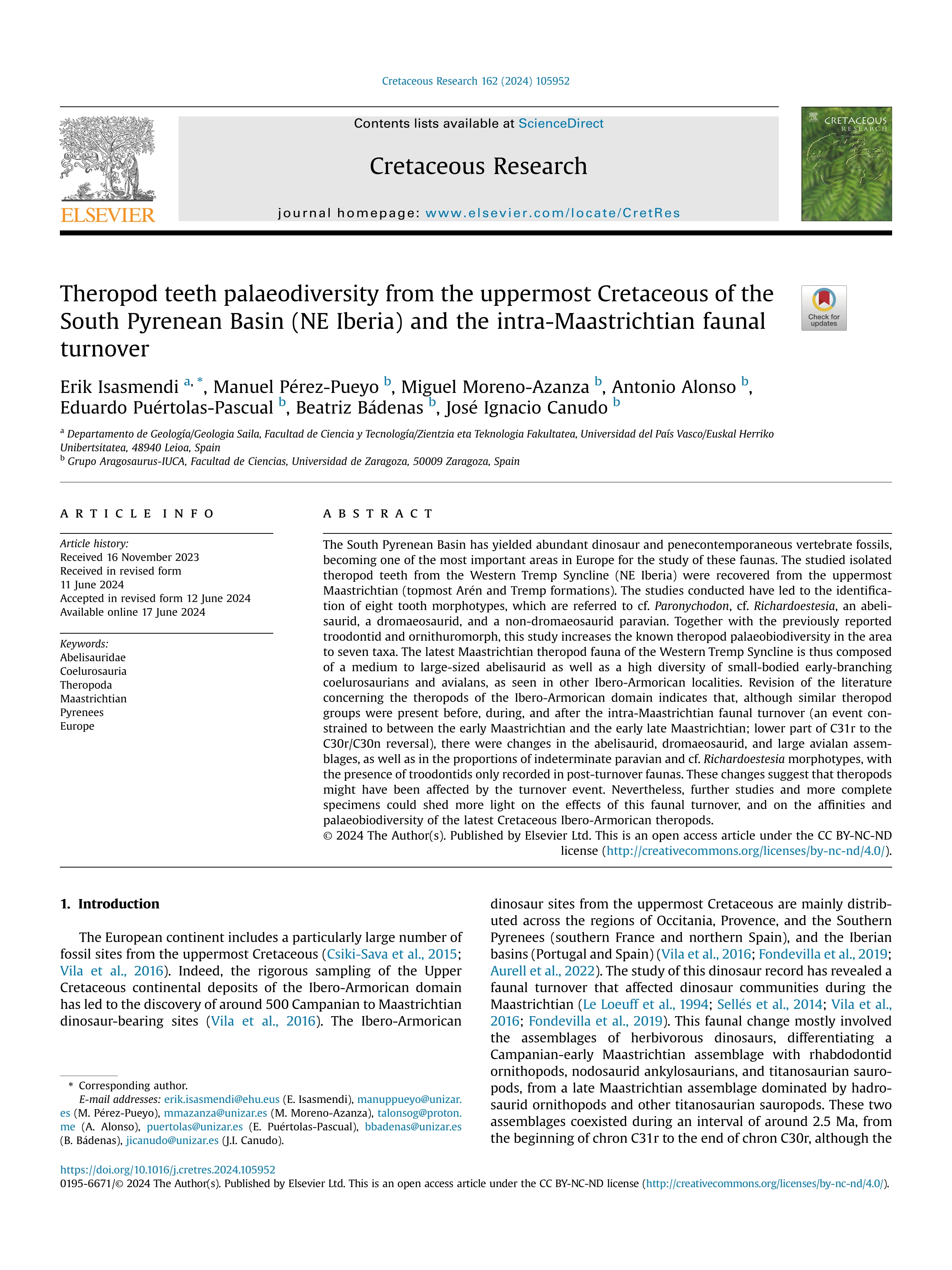 Theropod teeth palaeodiversity from the uppermost Cretaceous of the South Pyrenean Basin (NE Iberia) and the intra-Maastrichtian faunal turnover