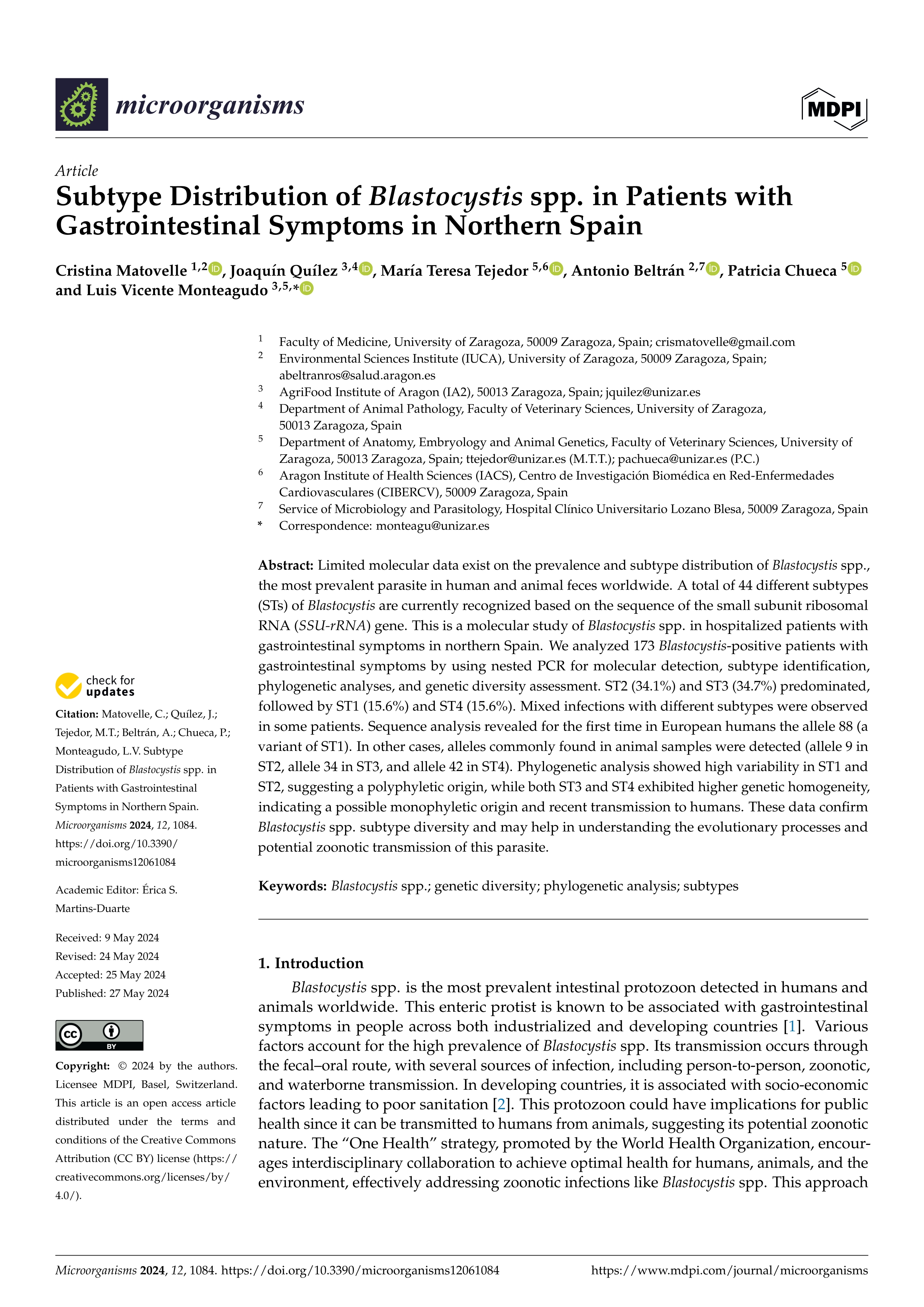 Subtype distribution of Blastocystis spp. in patients with gastrointestinal symptoms in northern Spain