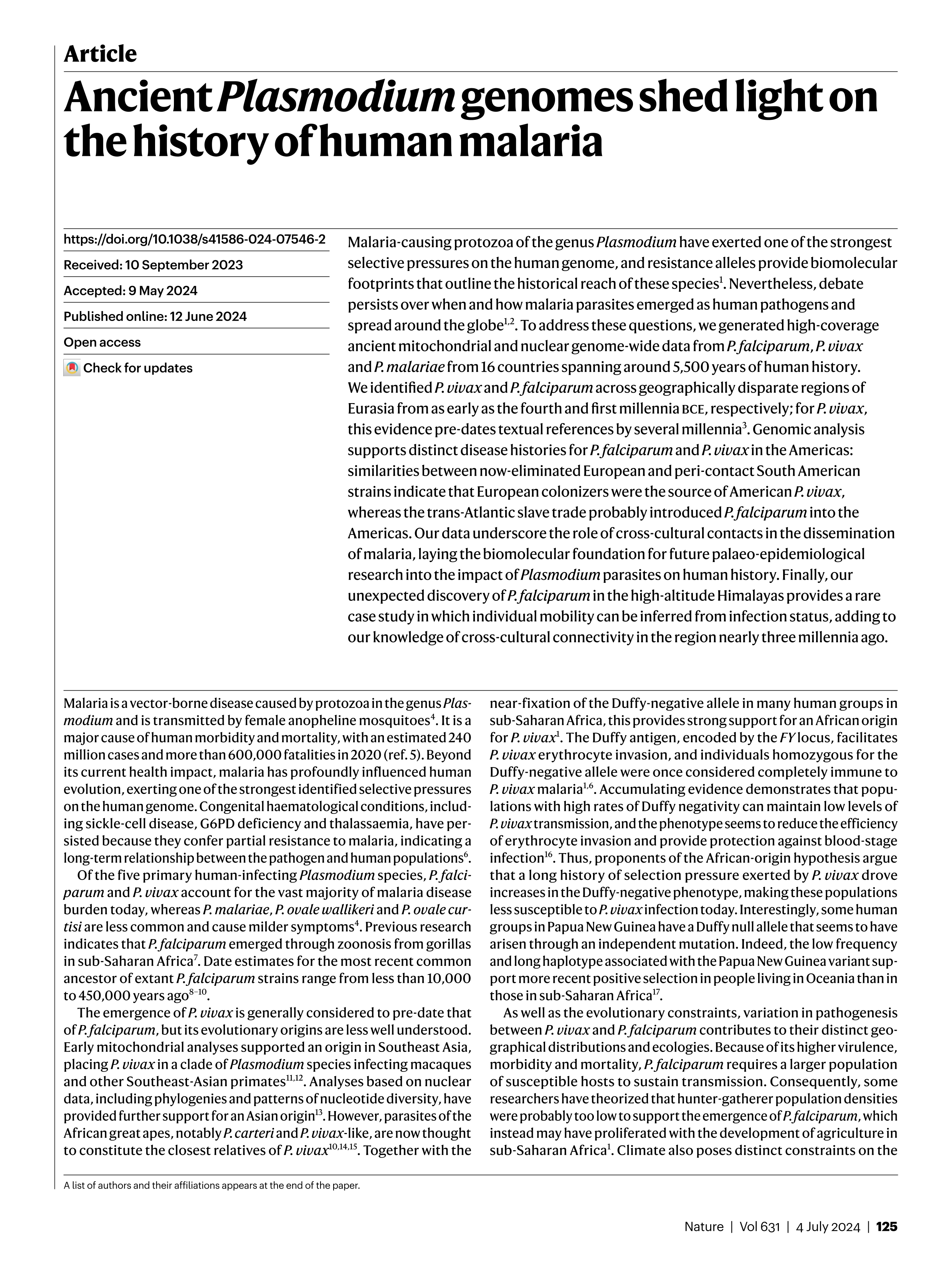 Ancient Plasmodium genomes shed light on the history of human malaria