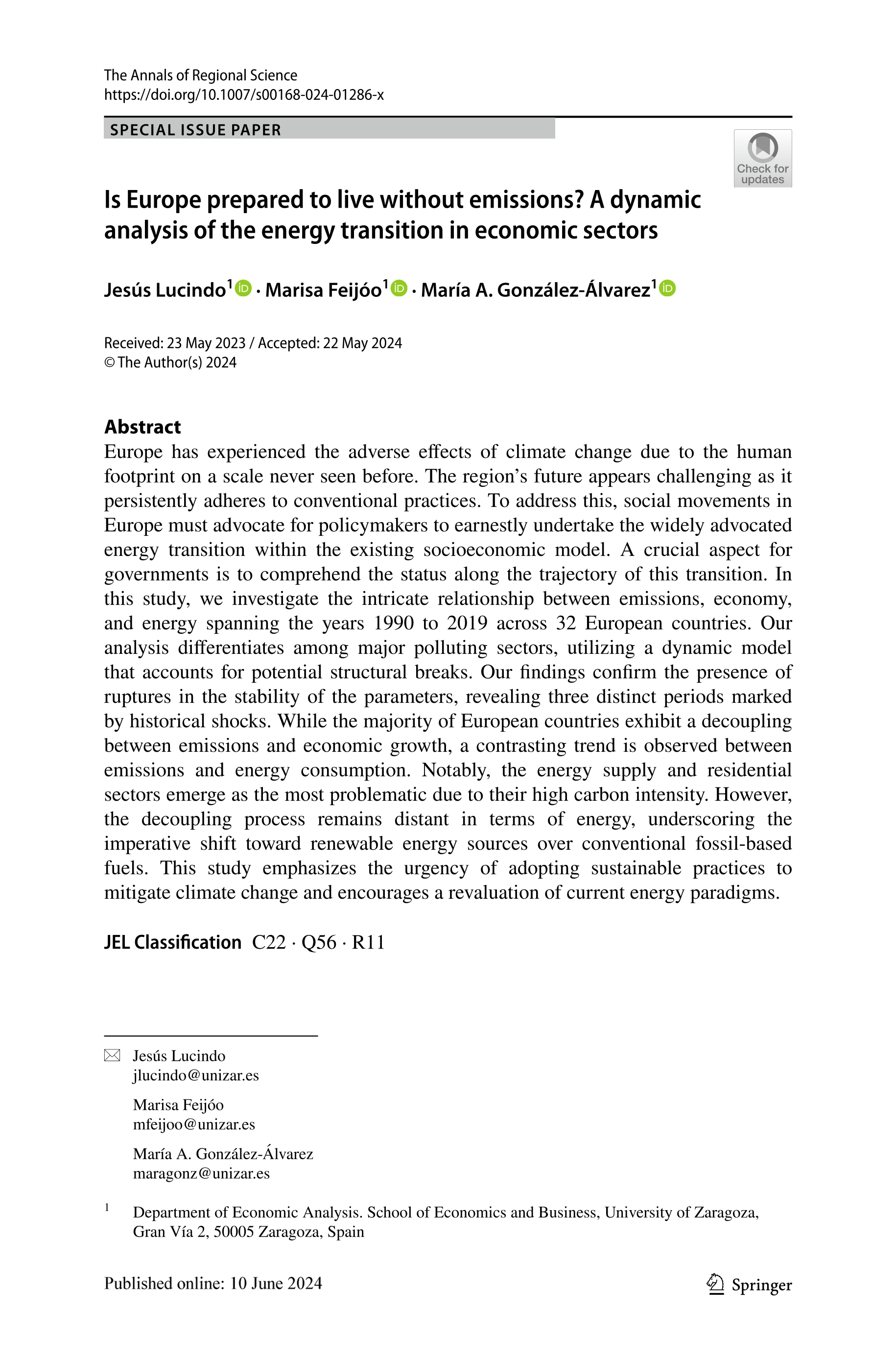 Is Europe prepared to live without emissions? A dynamic analysis of the energy transition in economic sectors