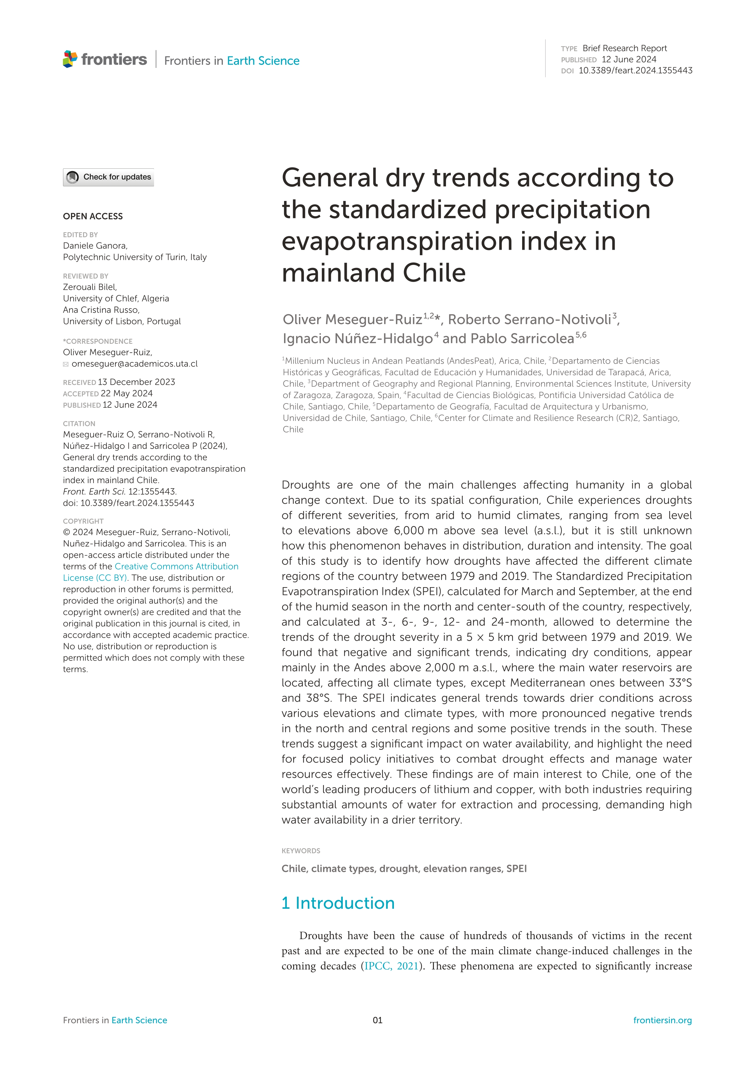 General dry trends according to the standardized precipitation evapotranspiration index in mainland Chile