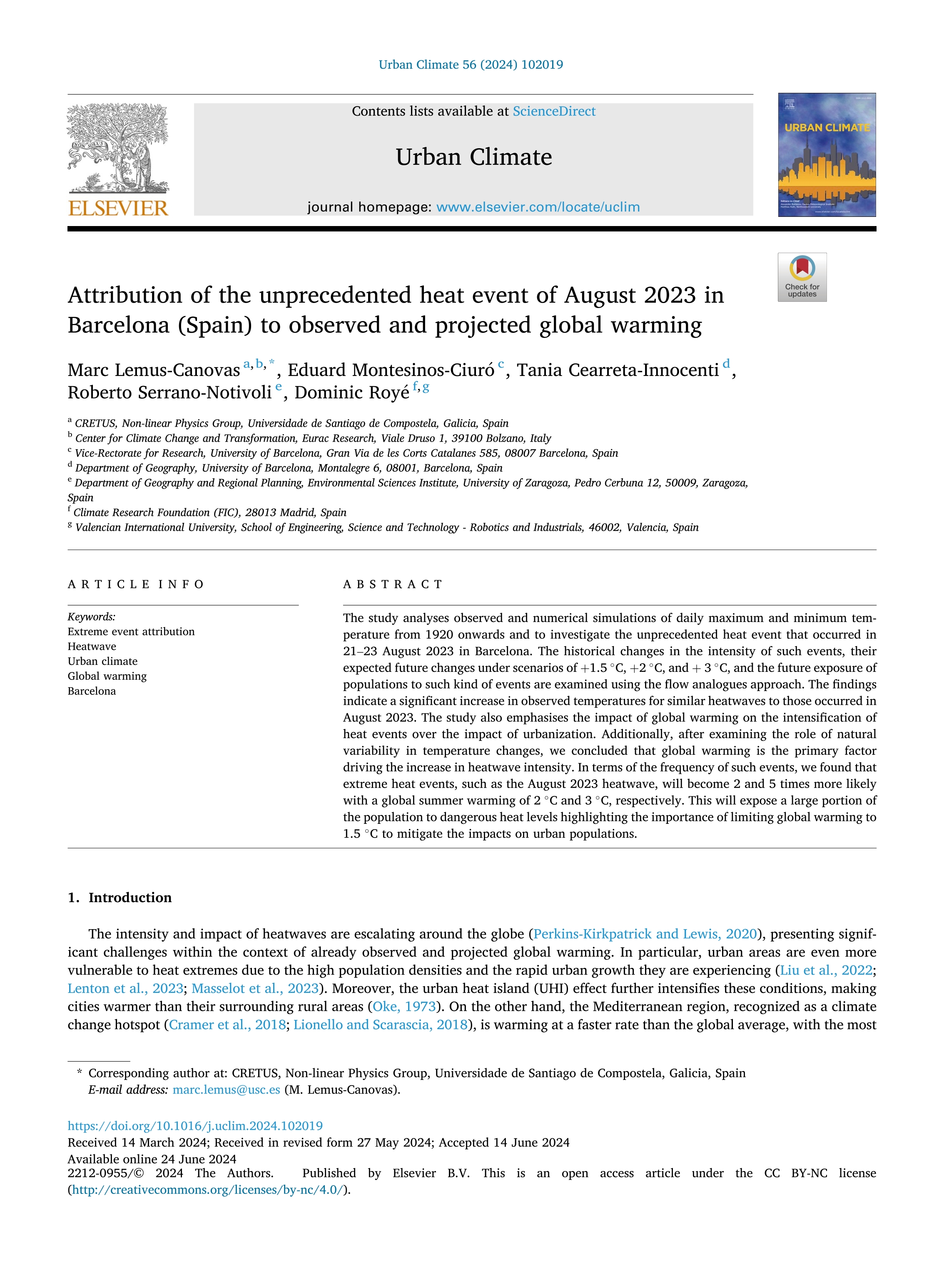 Attribution of the unprecedented heat event of August 2023 in Barcelona (Spain) to observed and projected global warming