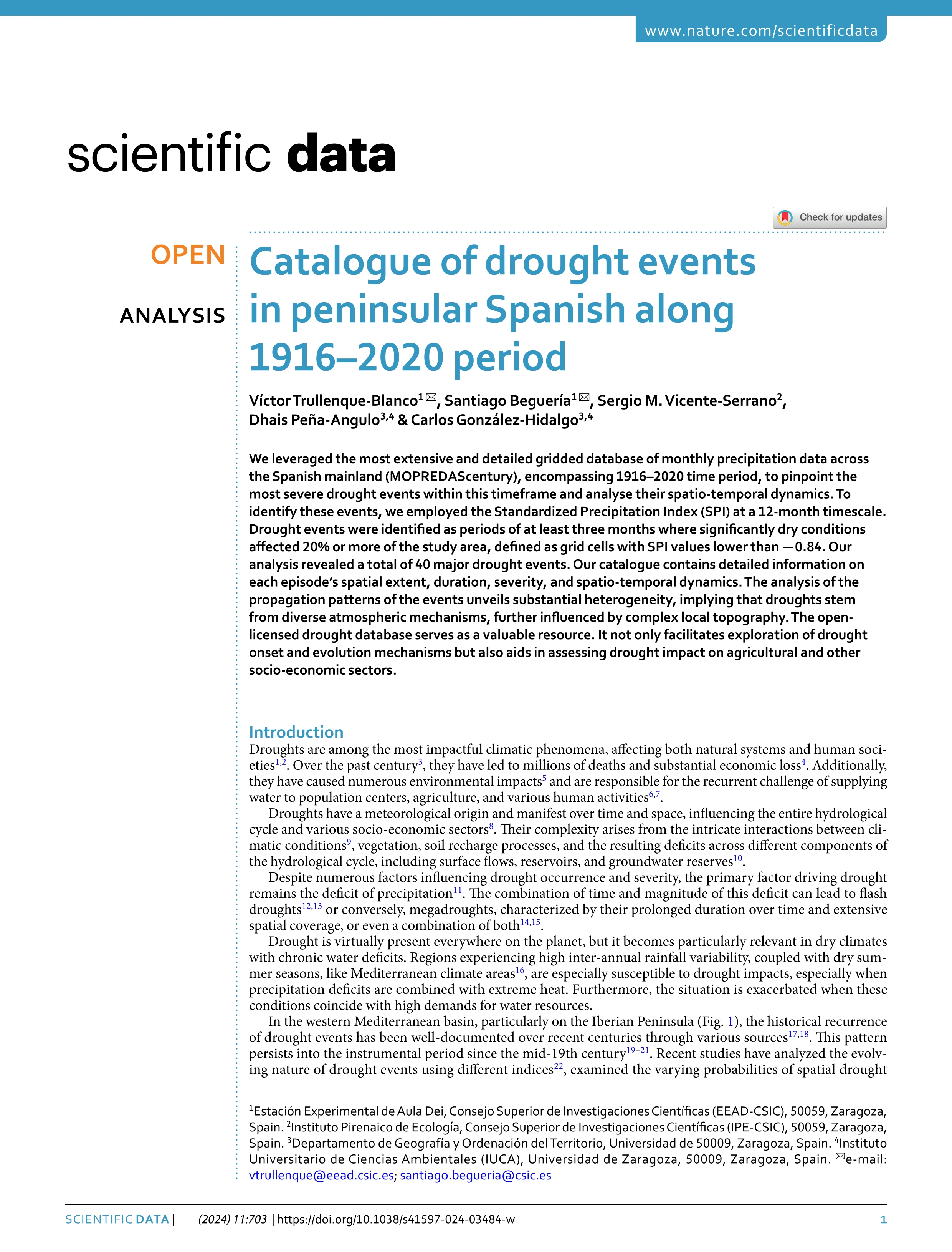 Catalogue of drought events in peninsular Spanish along 1916–2020 period