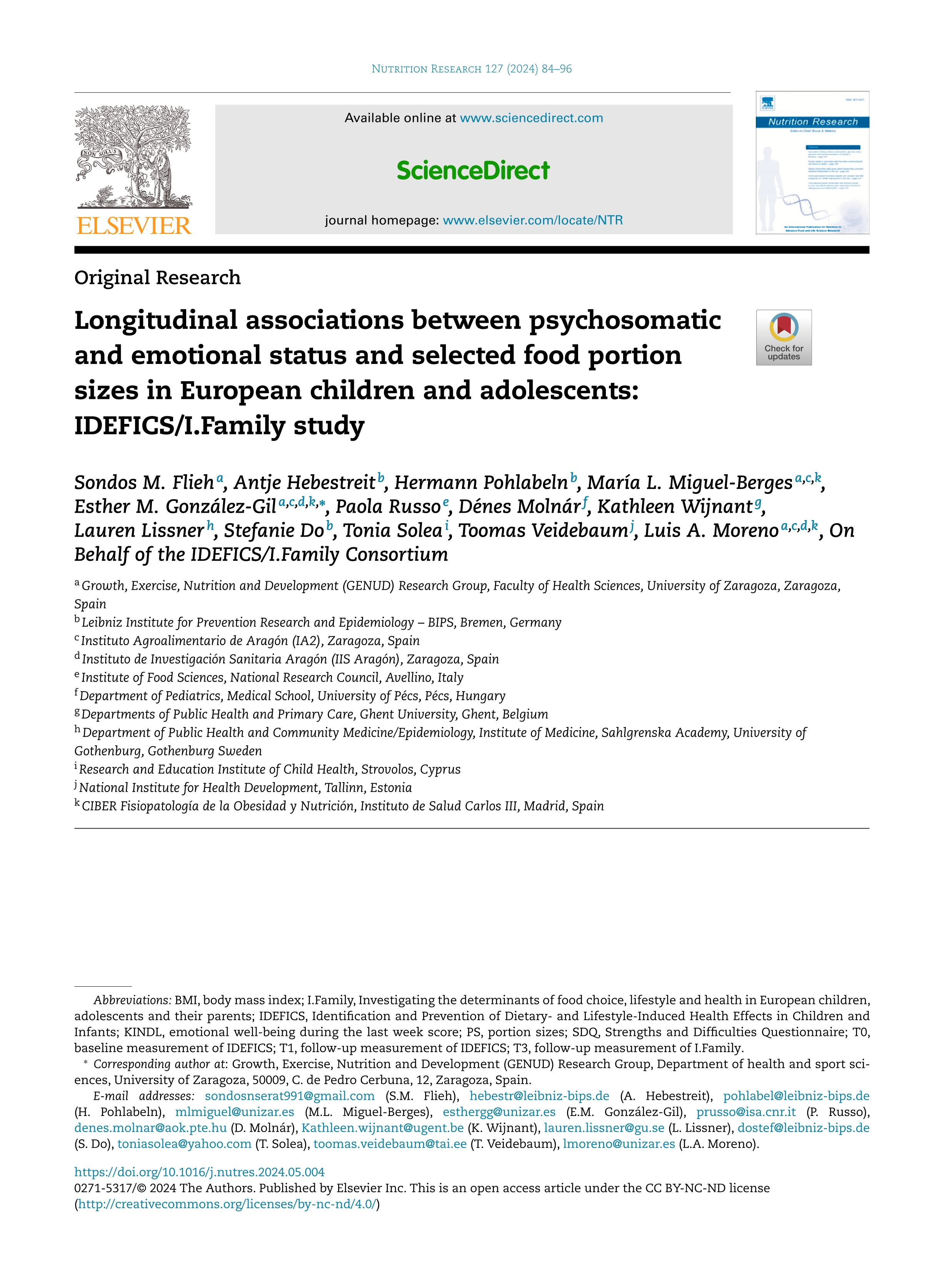 Longitudinal associations between psychosomatic and emotional status and selected food portion sizes in European children and adolescents: IDEFICS/I.Family study