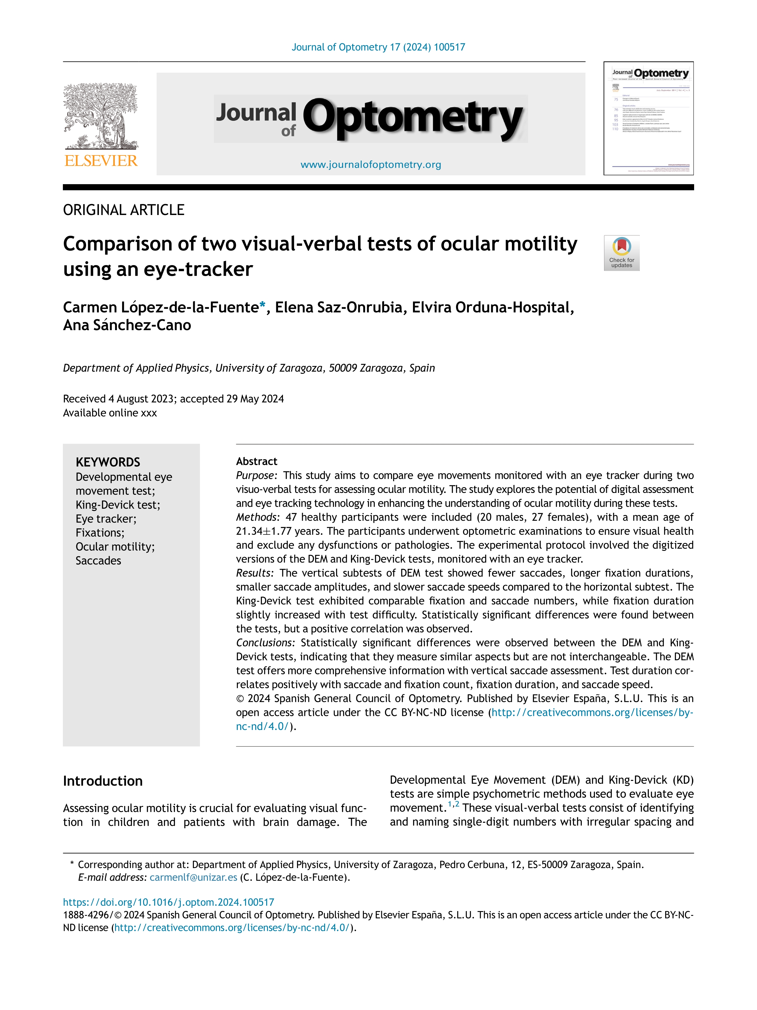 Comparison of two visual-verbal tests of ocular motility using an eye-tracker