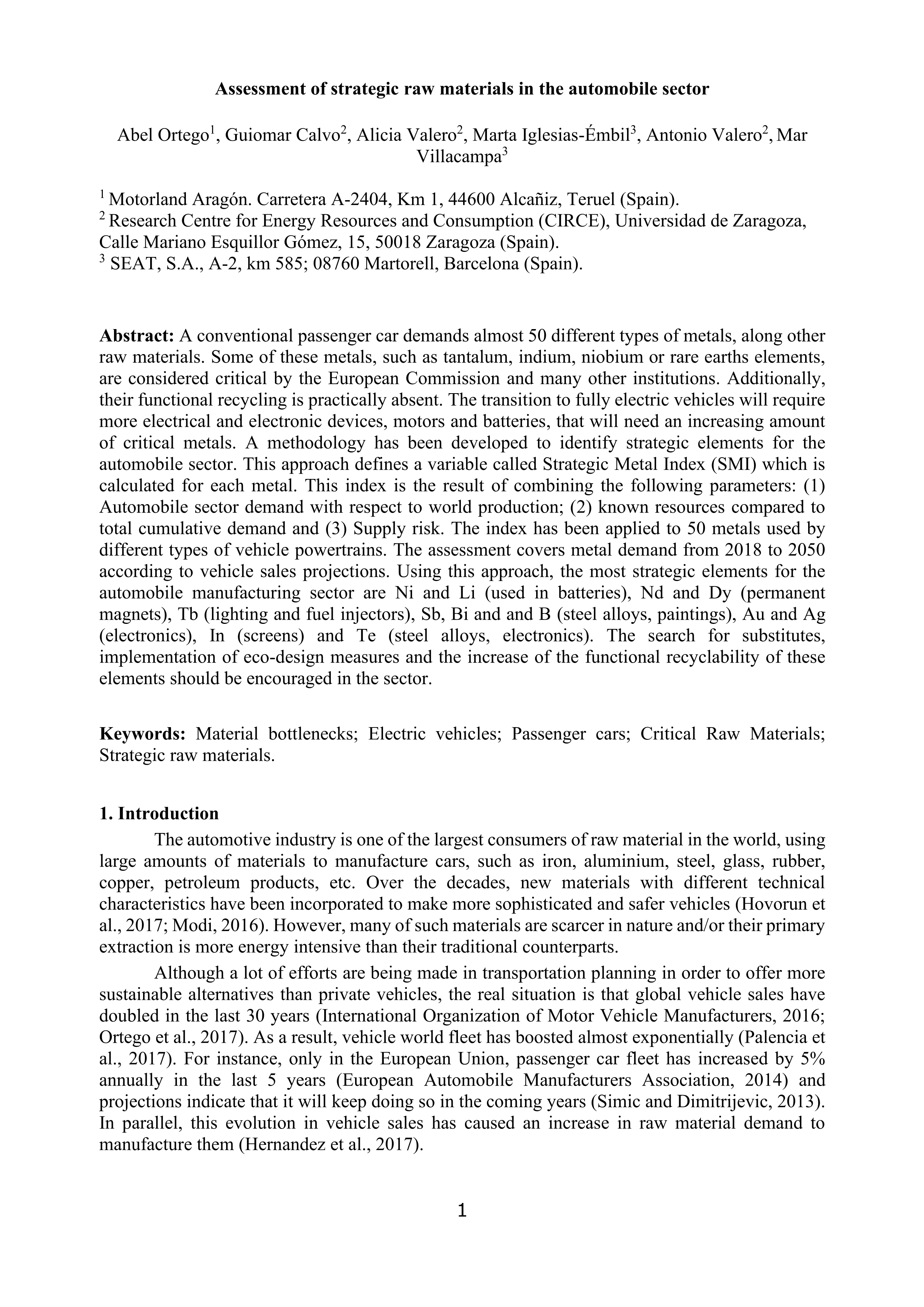 Assessment of strategic raw materials in the automobile sector