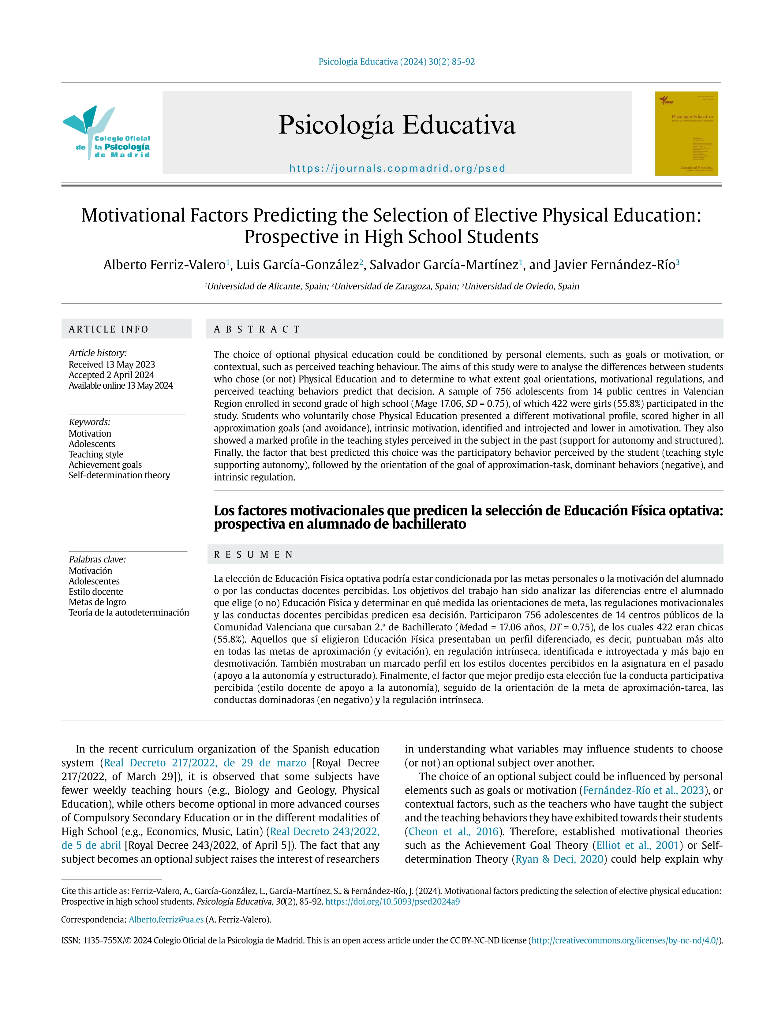 Motivational factors predicting the selection of elective physical education: prospective in high school students