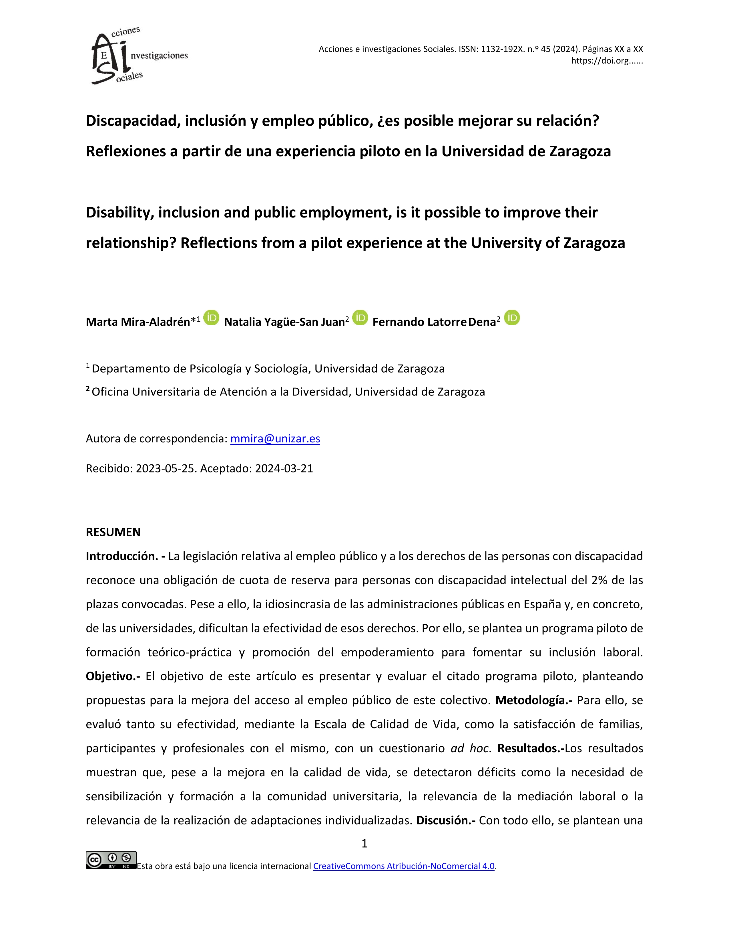 Discapacidad, inclusión y empleo público, ¿es posible mejorar su relación? Reflexiones a partir de una experiencia piloto en la Universidad de Zaragoza