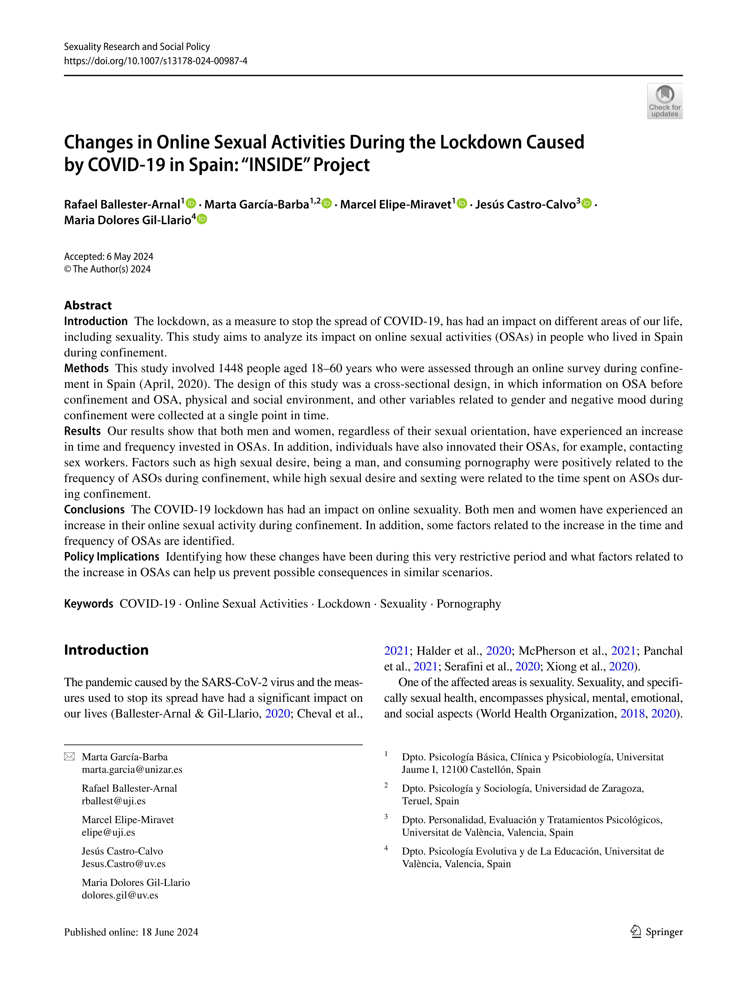 Changes in Online Sexual Activities During the Lockdown Caused by COVID-19 in Spain: “INSIDE” Project