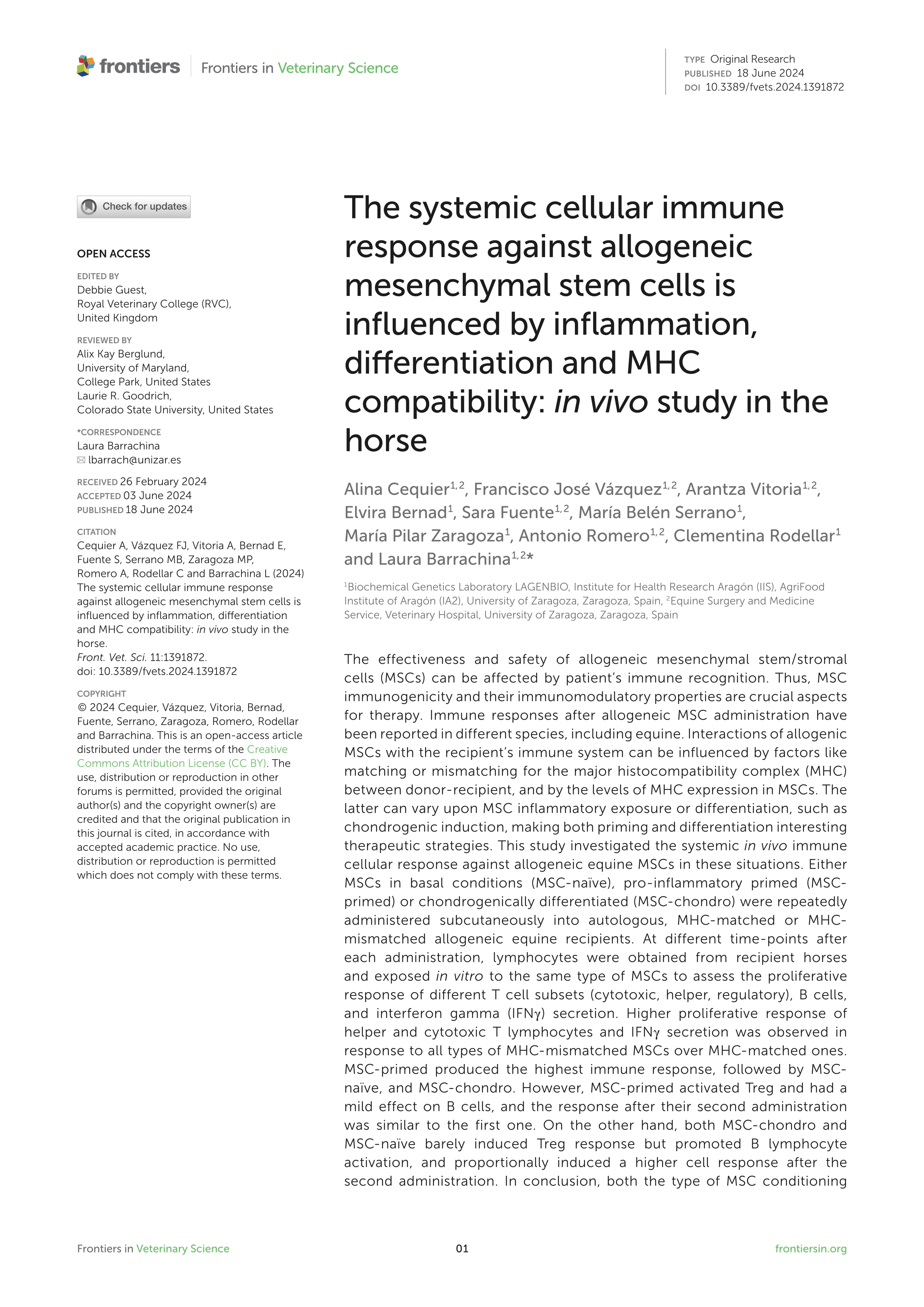 The systemic cellular immune response against allogeneic mesenchymal stem cells is influenced by inflammation, differentiation and MHC compatibility: in vivo study in the horse