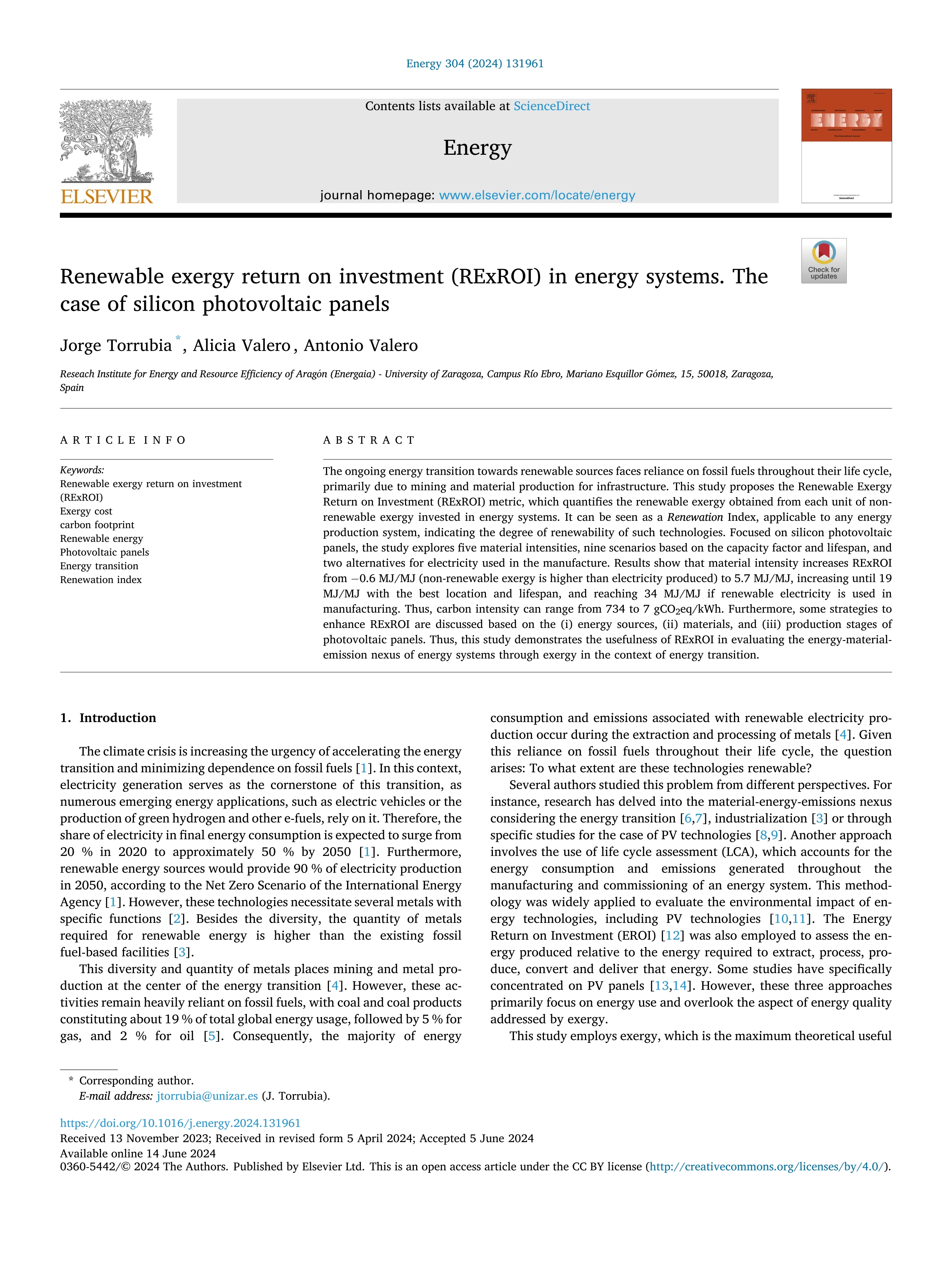 Renewable exergy return on investment (RExROI) in energy systems. The case of silicon photovoltaic panels