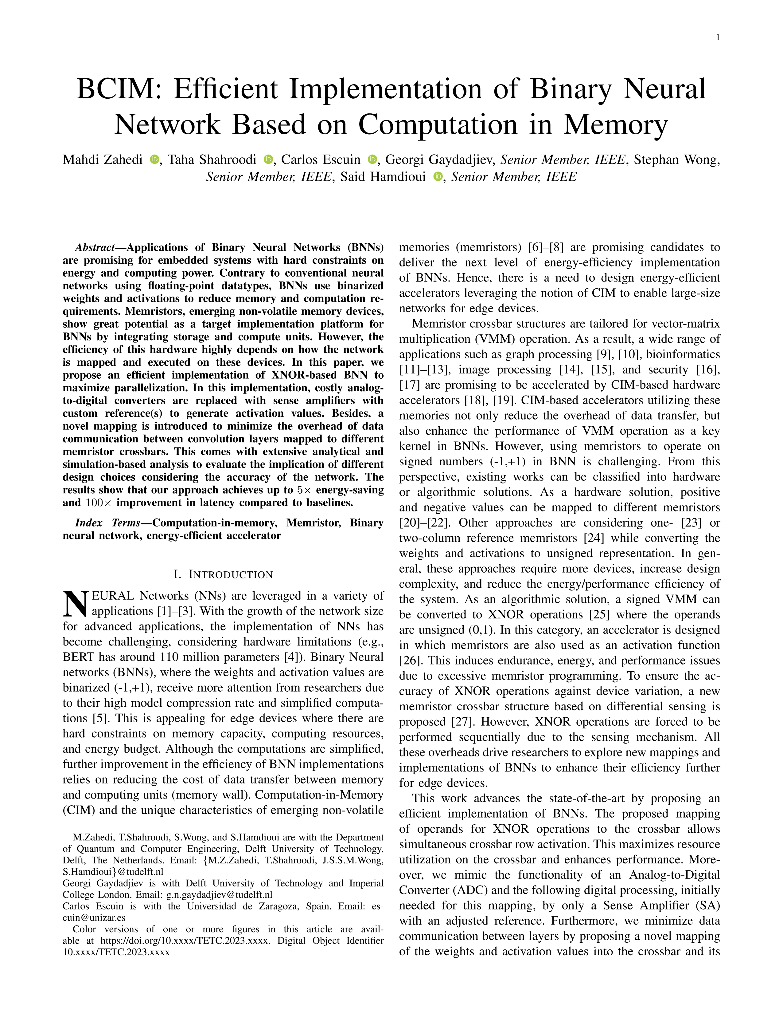 BCIM: Efficient Implementation of Binary Neural Network Based on Computation in Memory