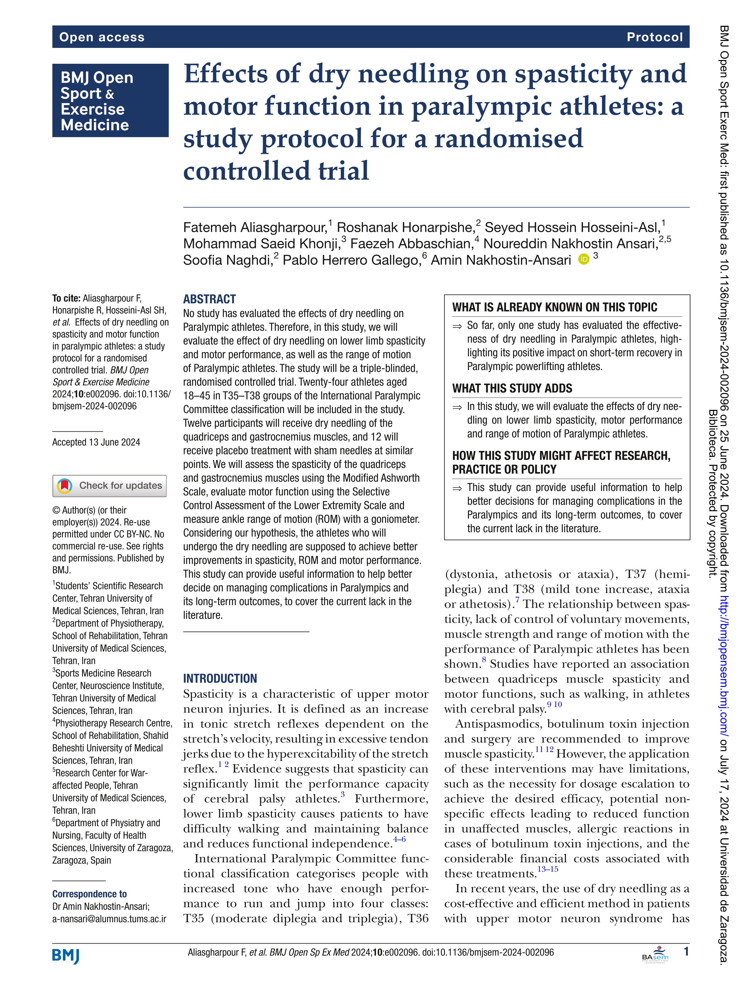 Effects of dry needling on spasticity and motor function in paralympic athletes: a study protocol for a randomised controlled trial