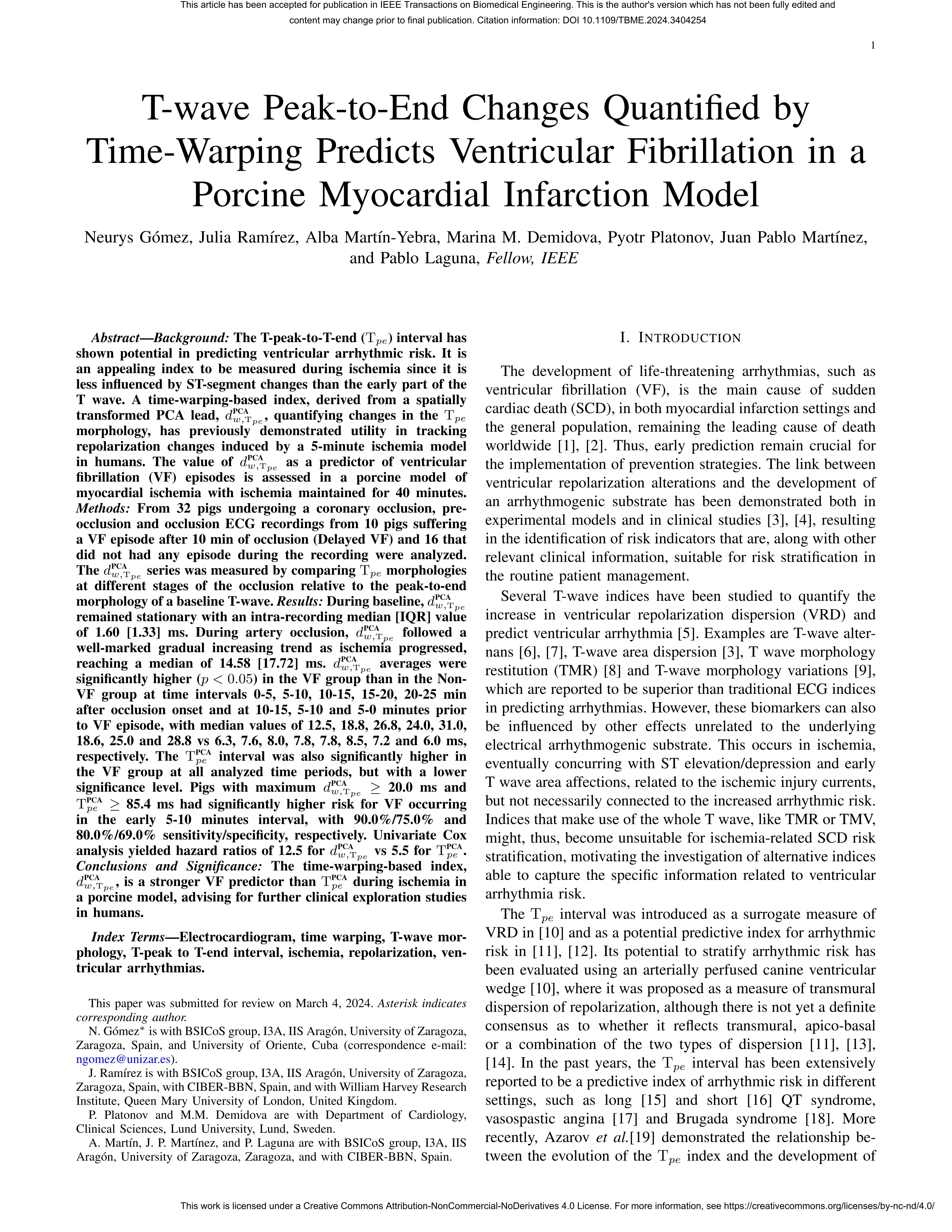 T-wave Peak-to-End Changes Quantified by Time-Warping Predicts Ventricular Fibrillation in a Porcine Myocardial Infarction Model