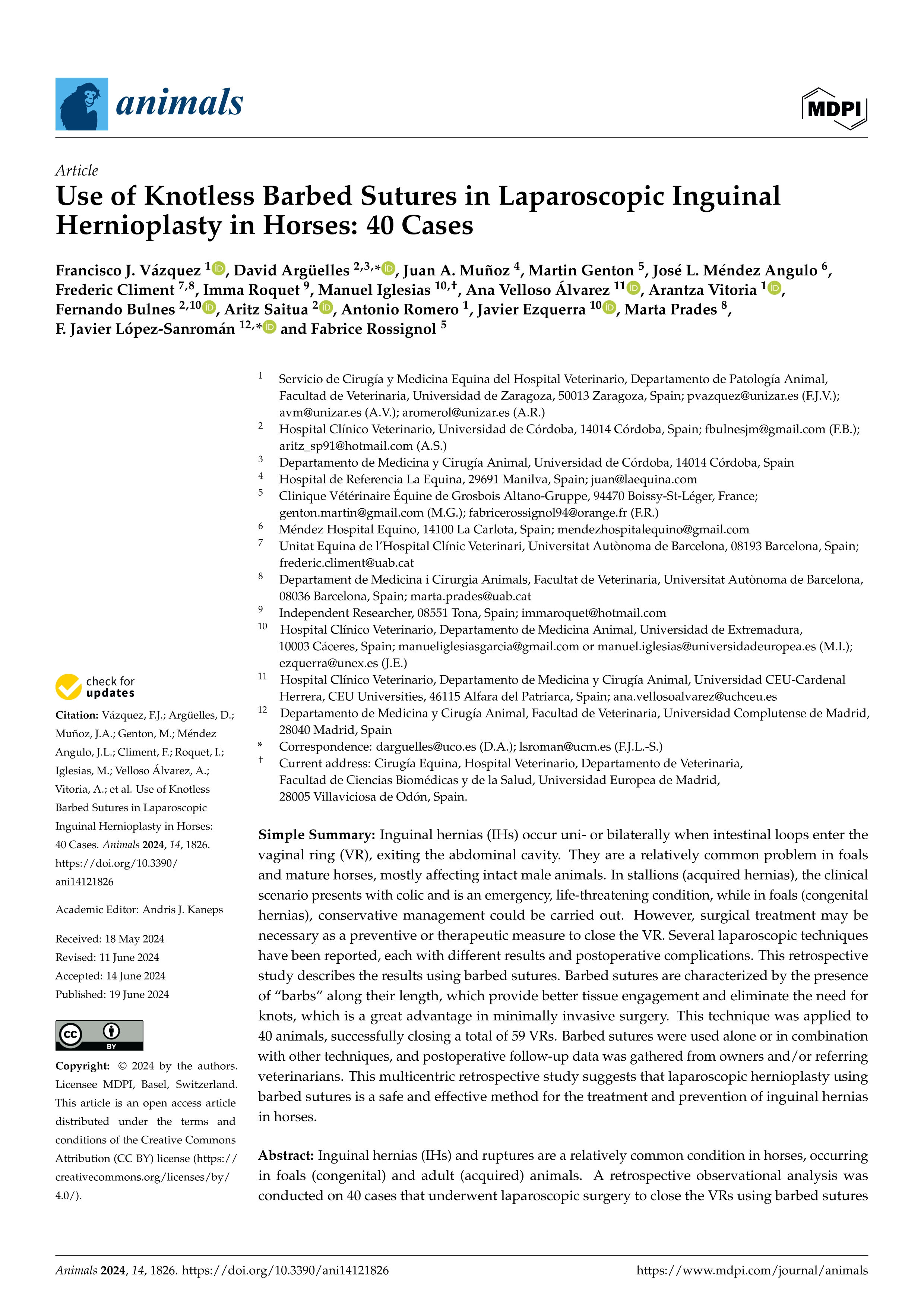 Use of Knotless Barbed Sutures in Laparoscopic Inguinal Hernioplasty in Horses: 40 Cases