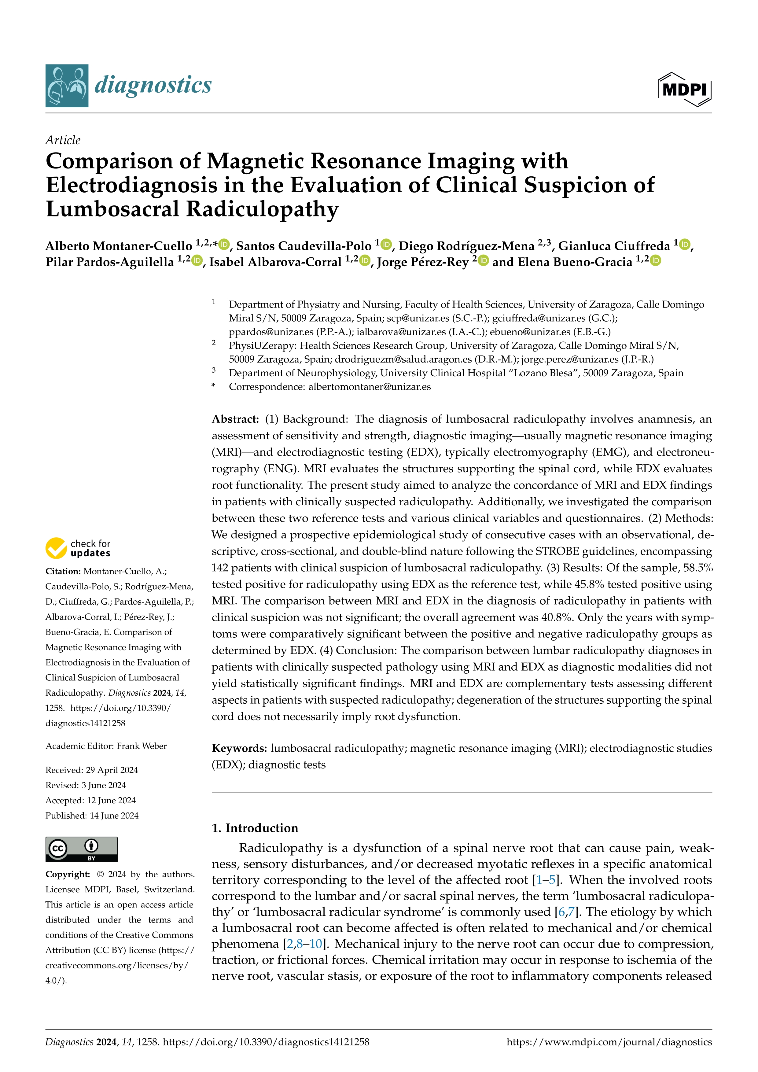 Comparison of magnetic resonance imaging with electrodiagnosis in the evaluation of clinical suspicion of lumbosacral radiculopathy