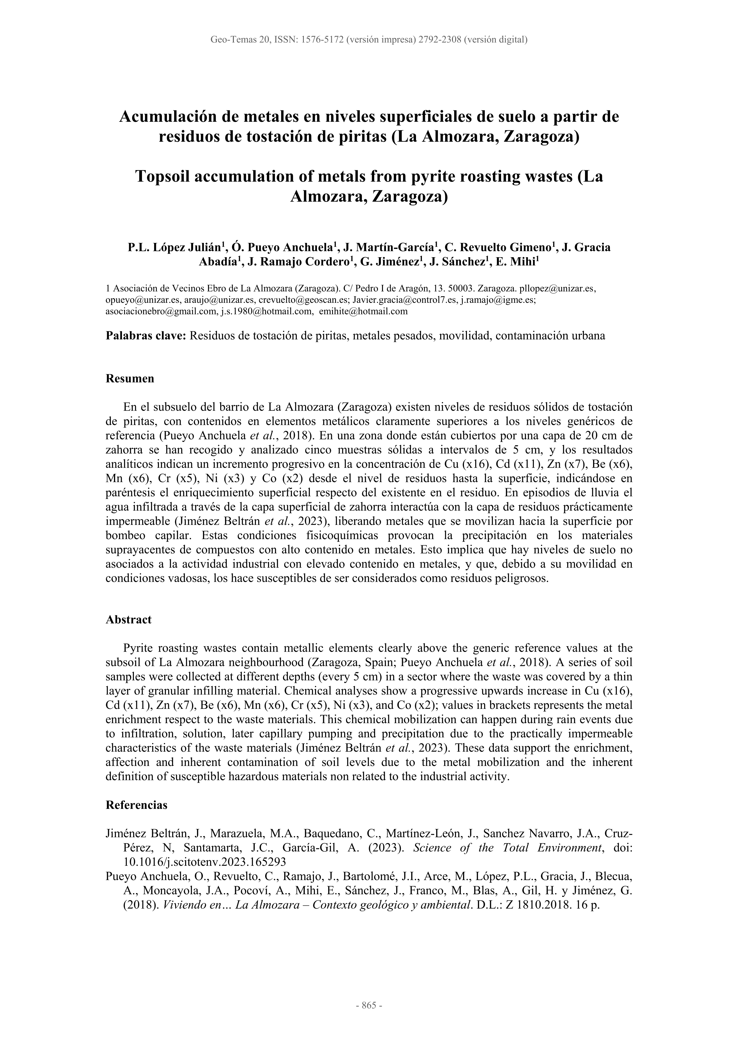 Acumulación de metales en niveles superficiales de suelo a partir de residuos de tostación de piritas (La Almozara, Zaragoza)