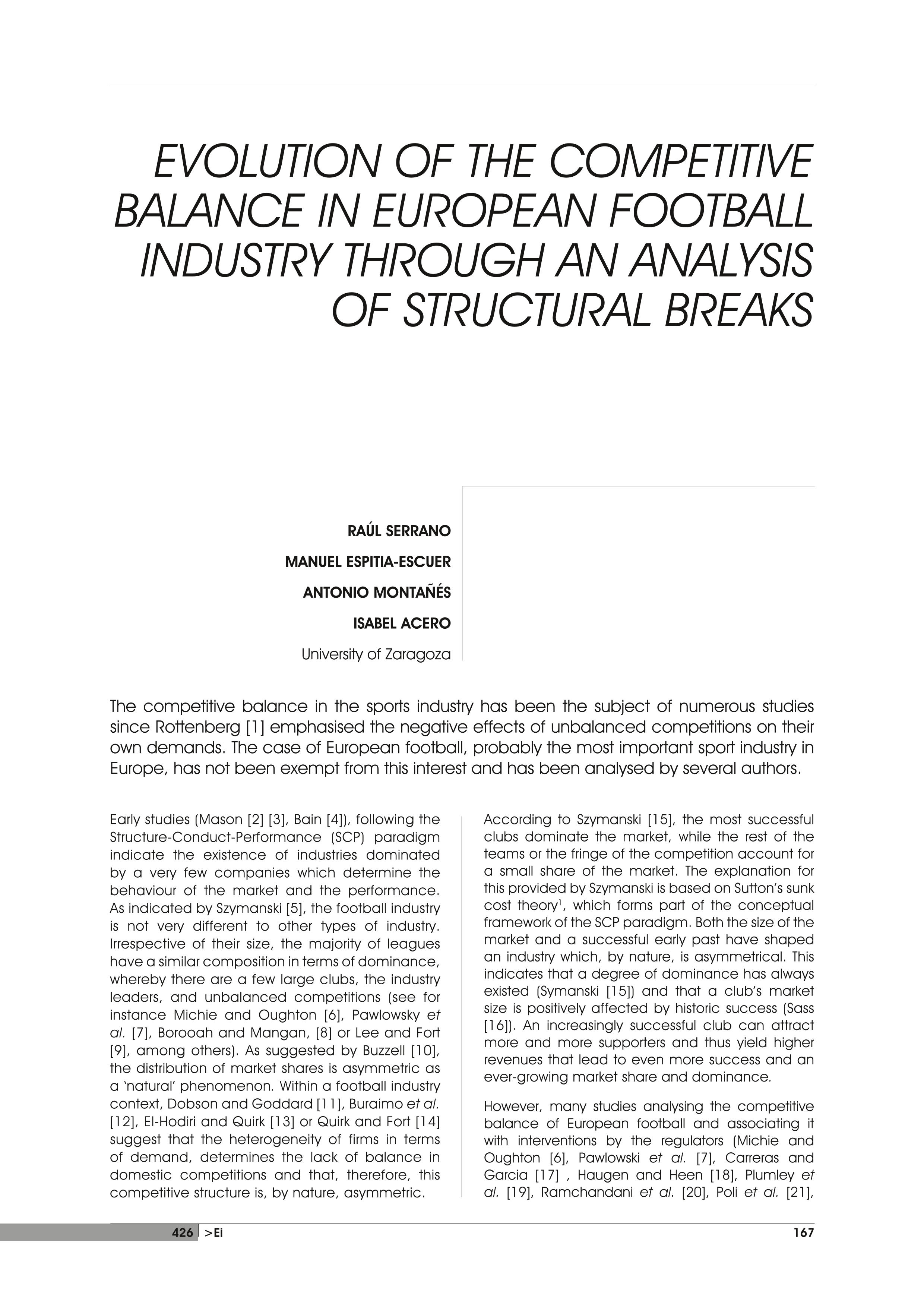 Evolution of the competitive balance in European football industry through an analysis of structural breaks