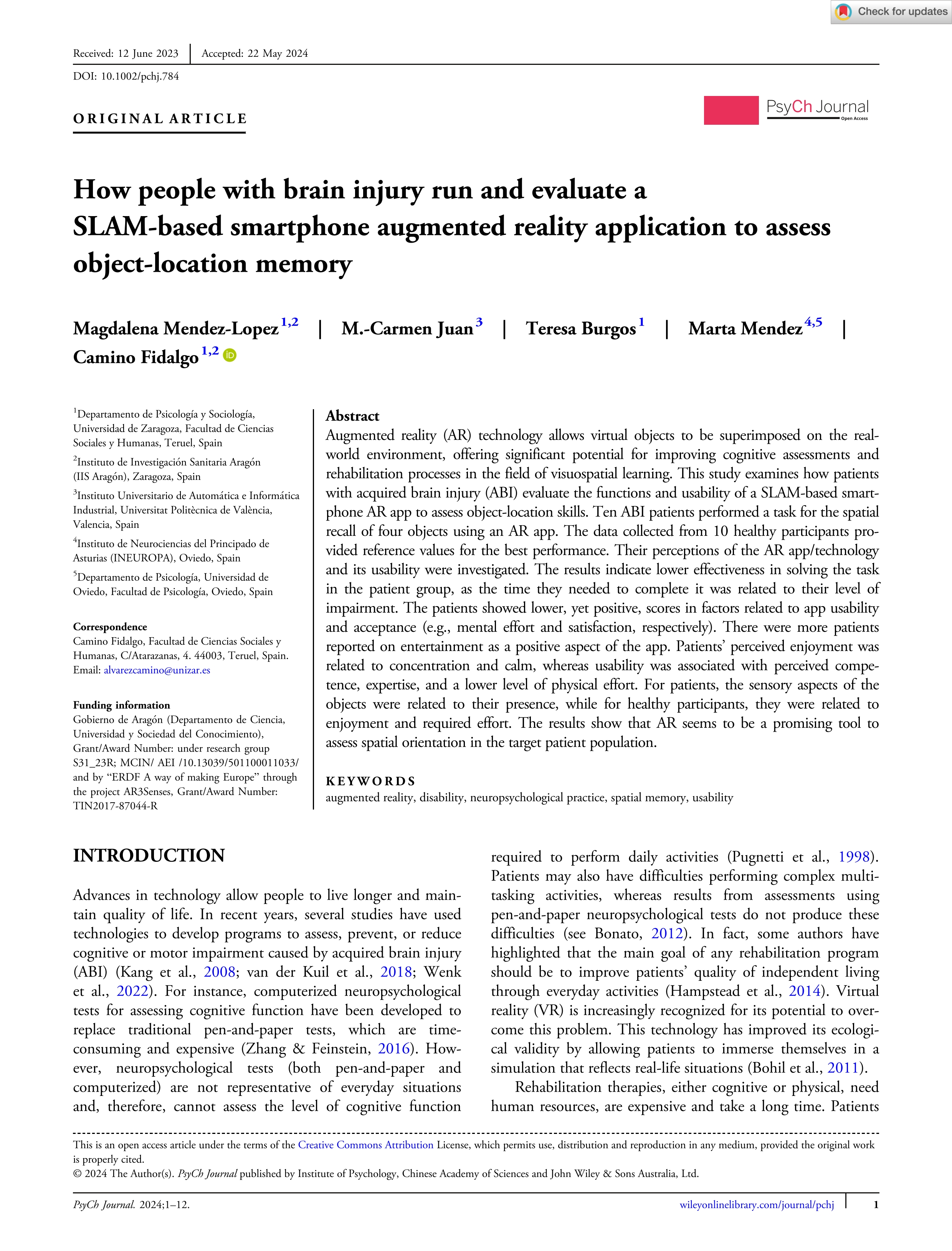 How people with brain injury run and evaluate a SLAM-based smartphone augmented reality application to assess object-location memory