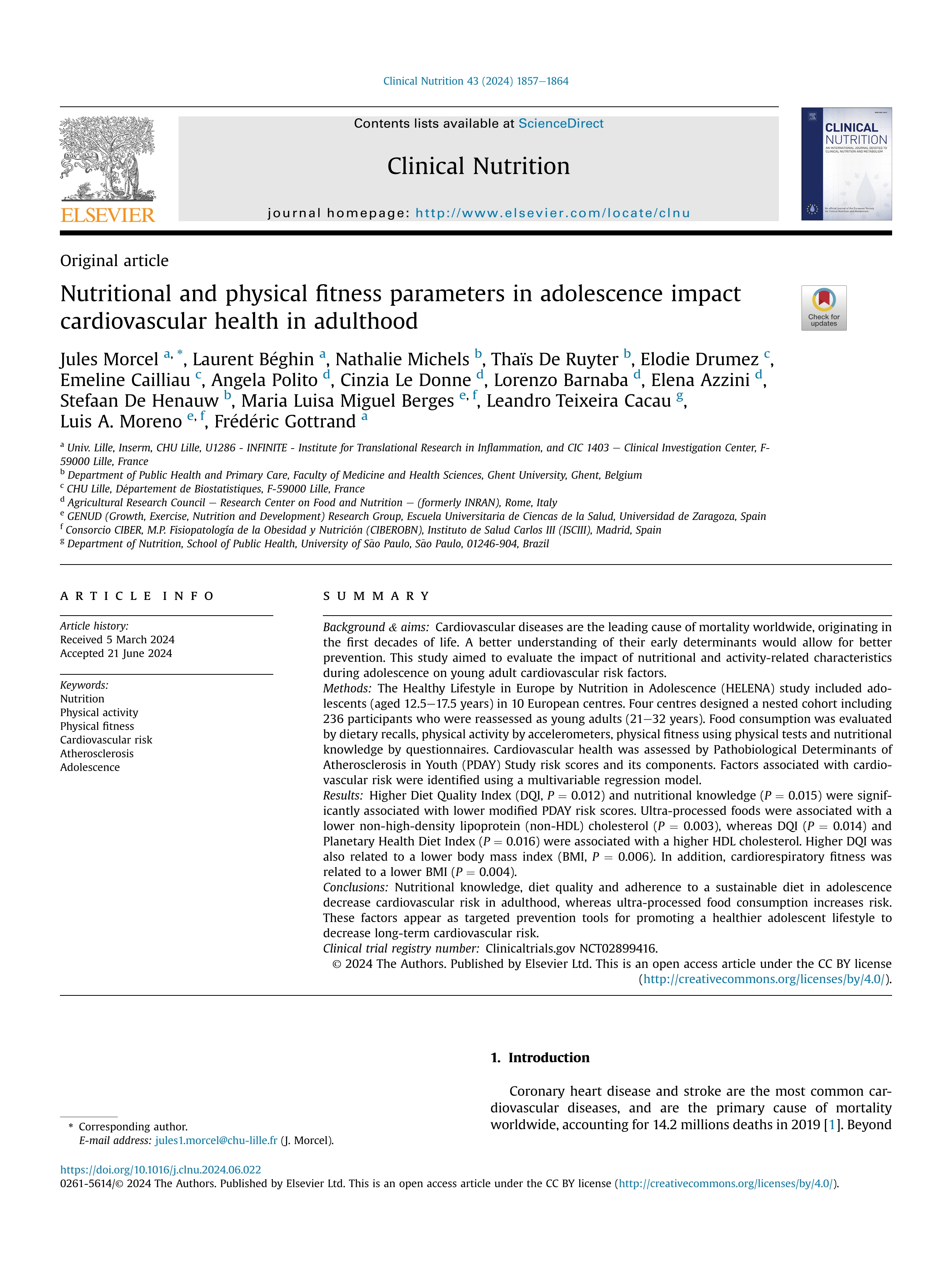 Nutritional and physical fitness parameters in adolescence impact cardiovascular health in adulthood