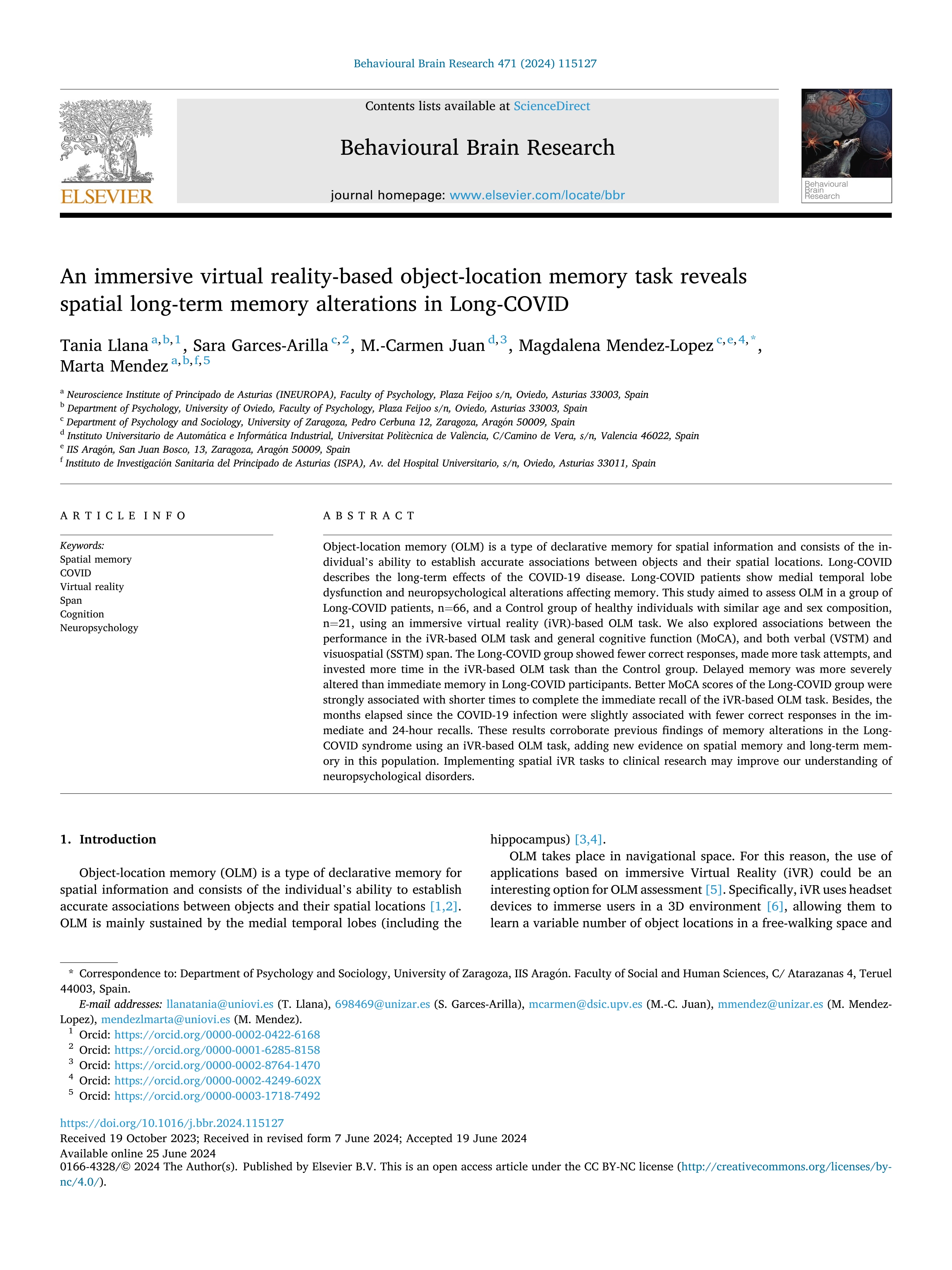 An immersive virtual reality-based object-location memory task reveals spatial long-term memory alterations in Long-COVID