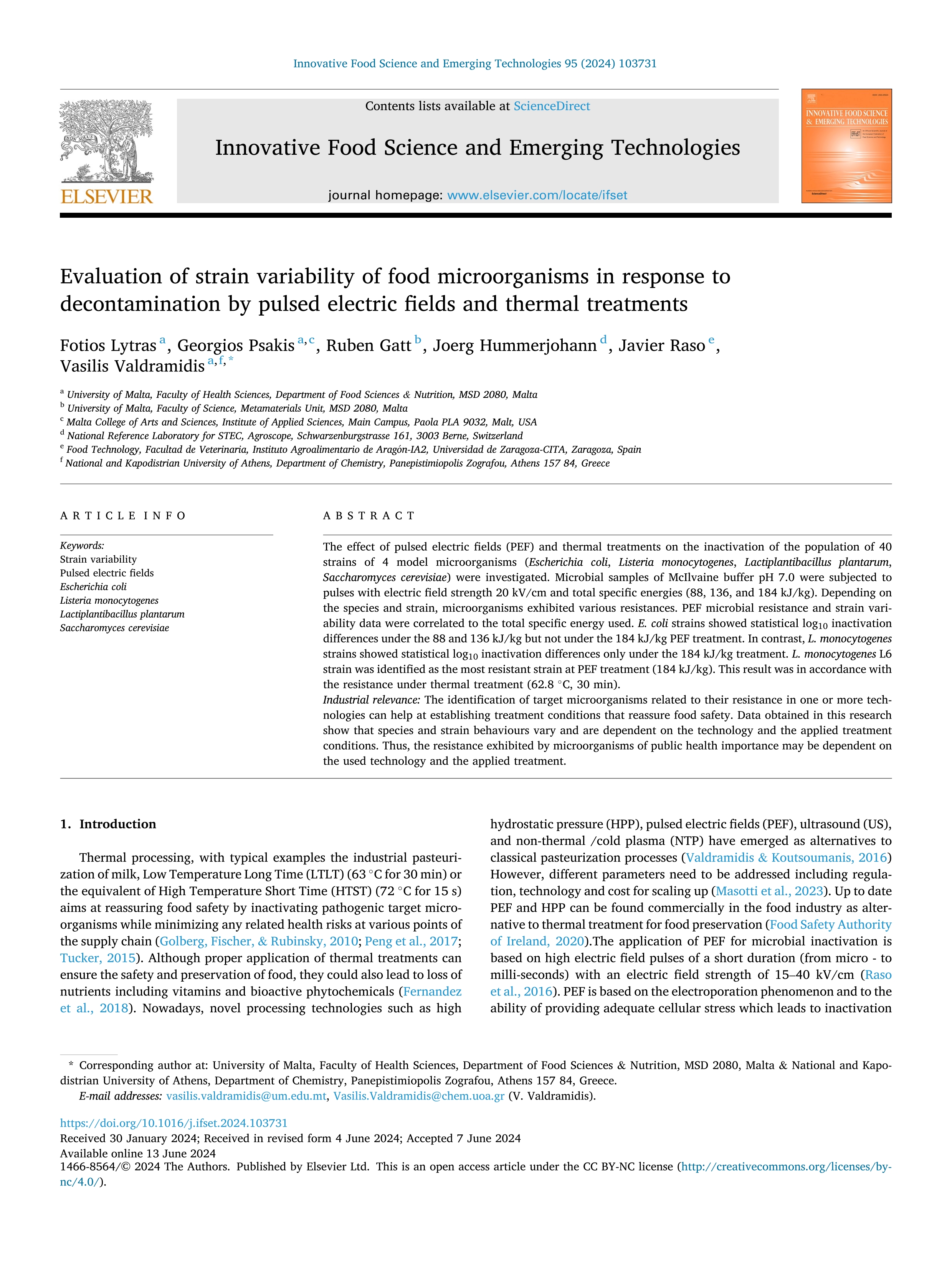 Evaluation of strain variability of food microorganisms in response to decontamination by pulsed electric fields and thermal treatments