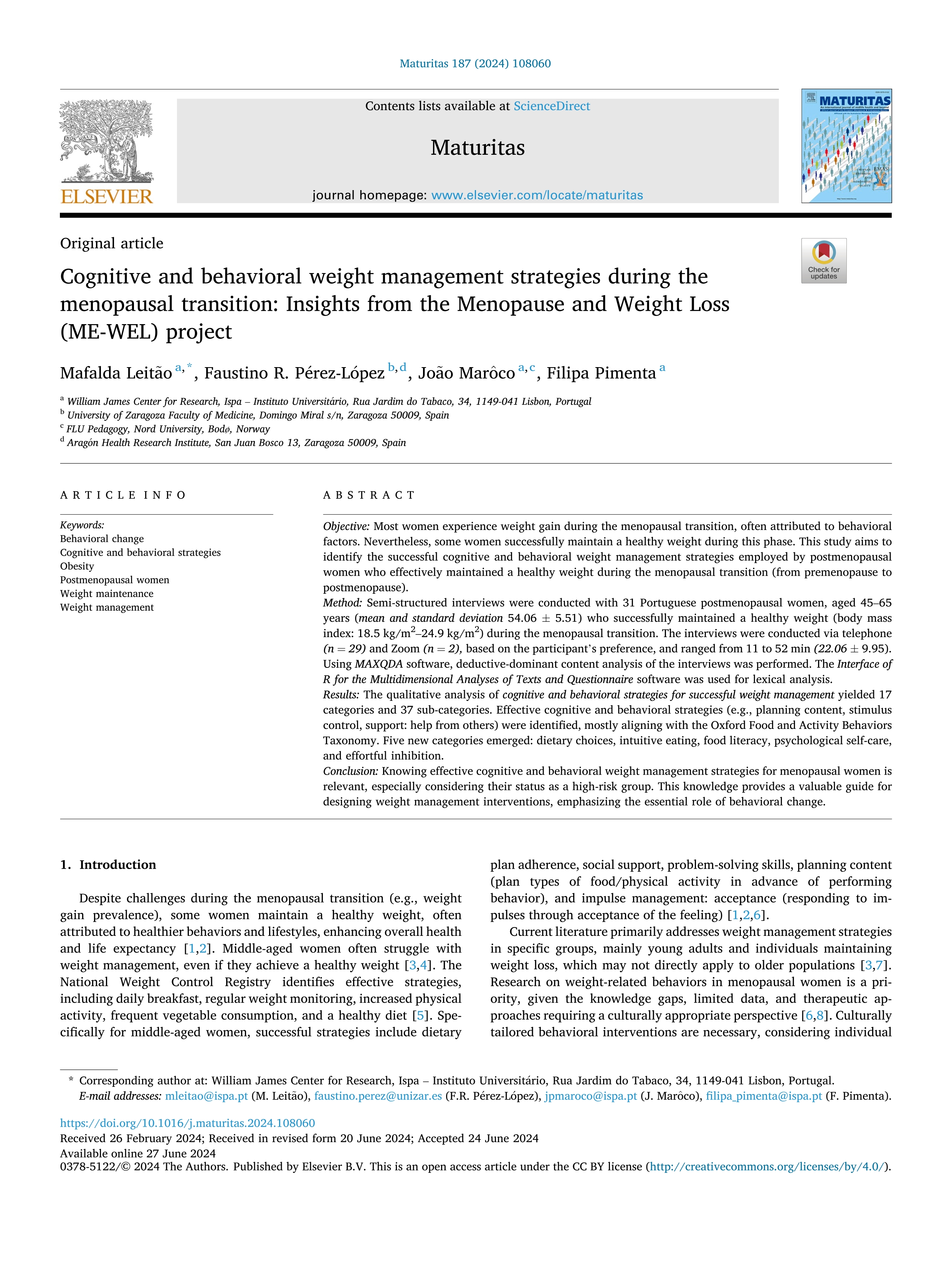 Cognitive and behavioral weight management strategies during the menopausal transition: Insights from the Menopause and Weight Loss (ME-WEL) project