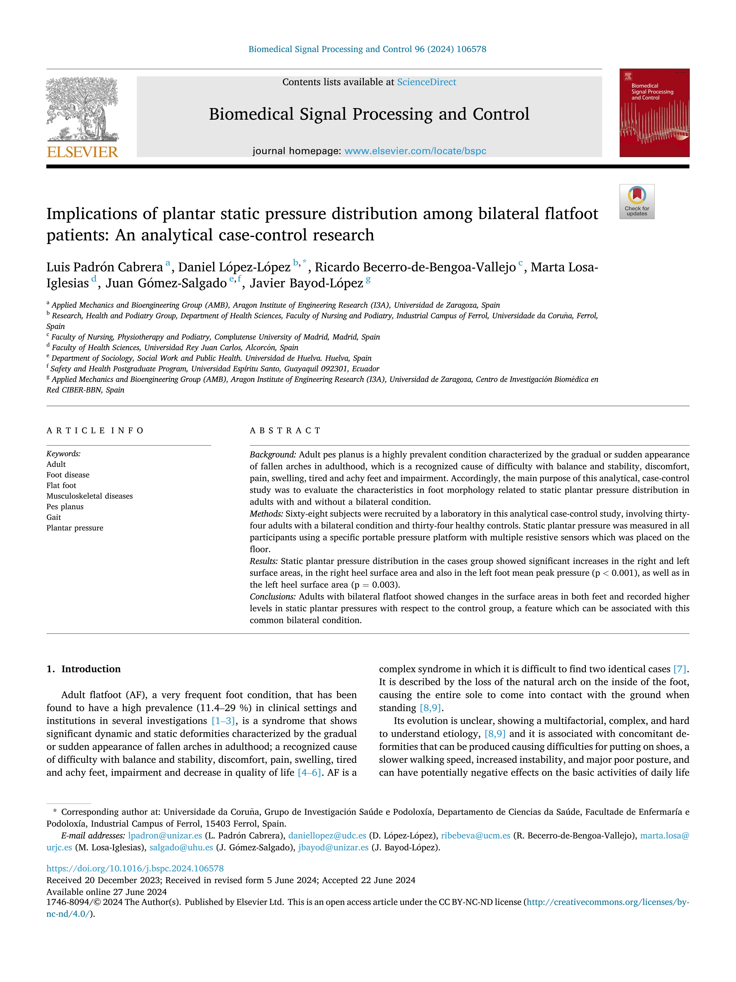 Implications of plantar static pressure distribution among bilateral flatfoot patients: An analytical case-control research