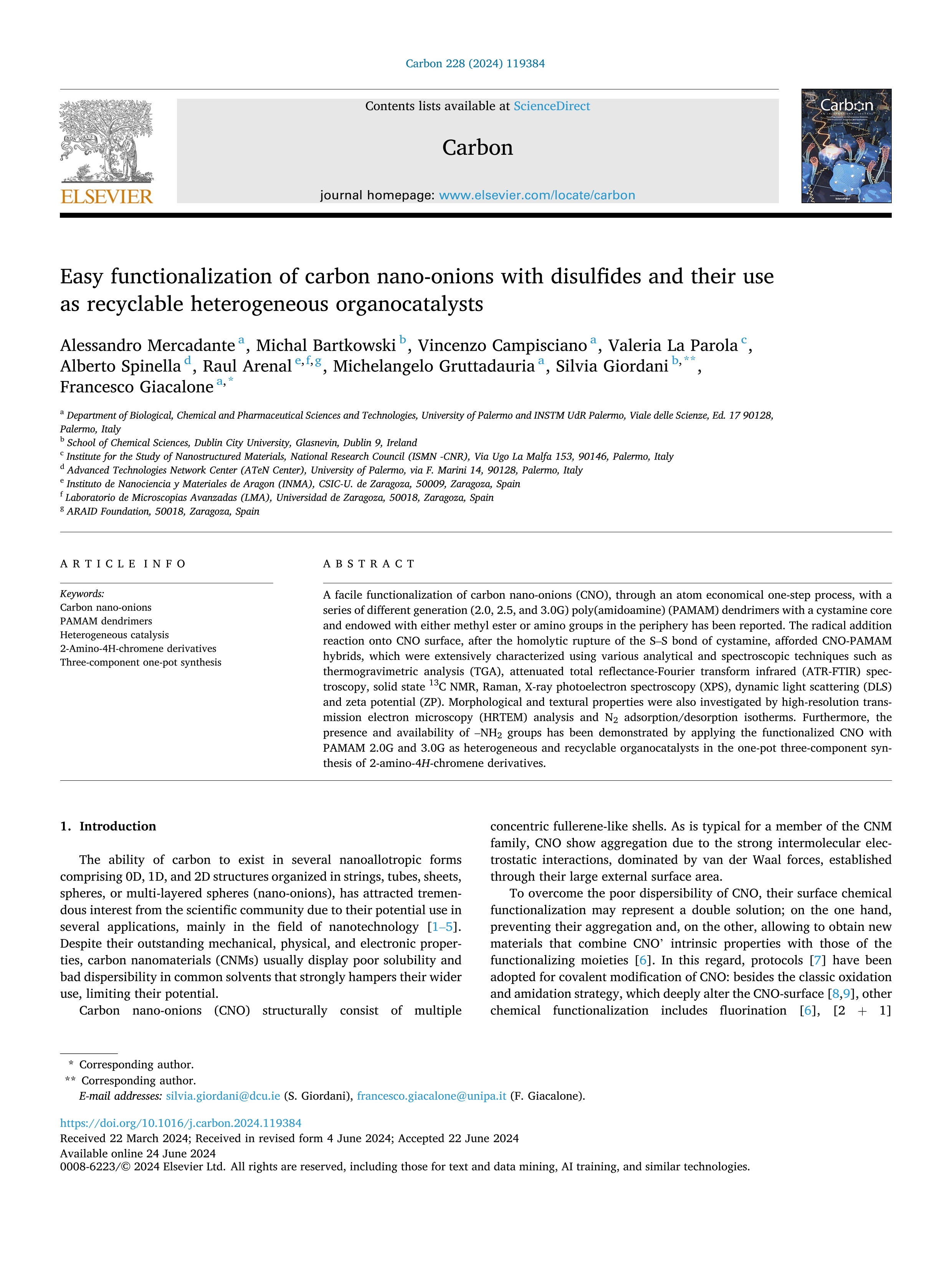 Easy functionalization of carbon nano-onions with disulfides and their use as recyclable heterogeneous organocatalysts