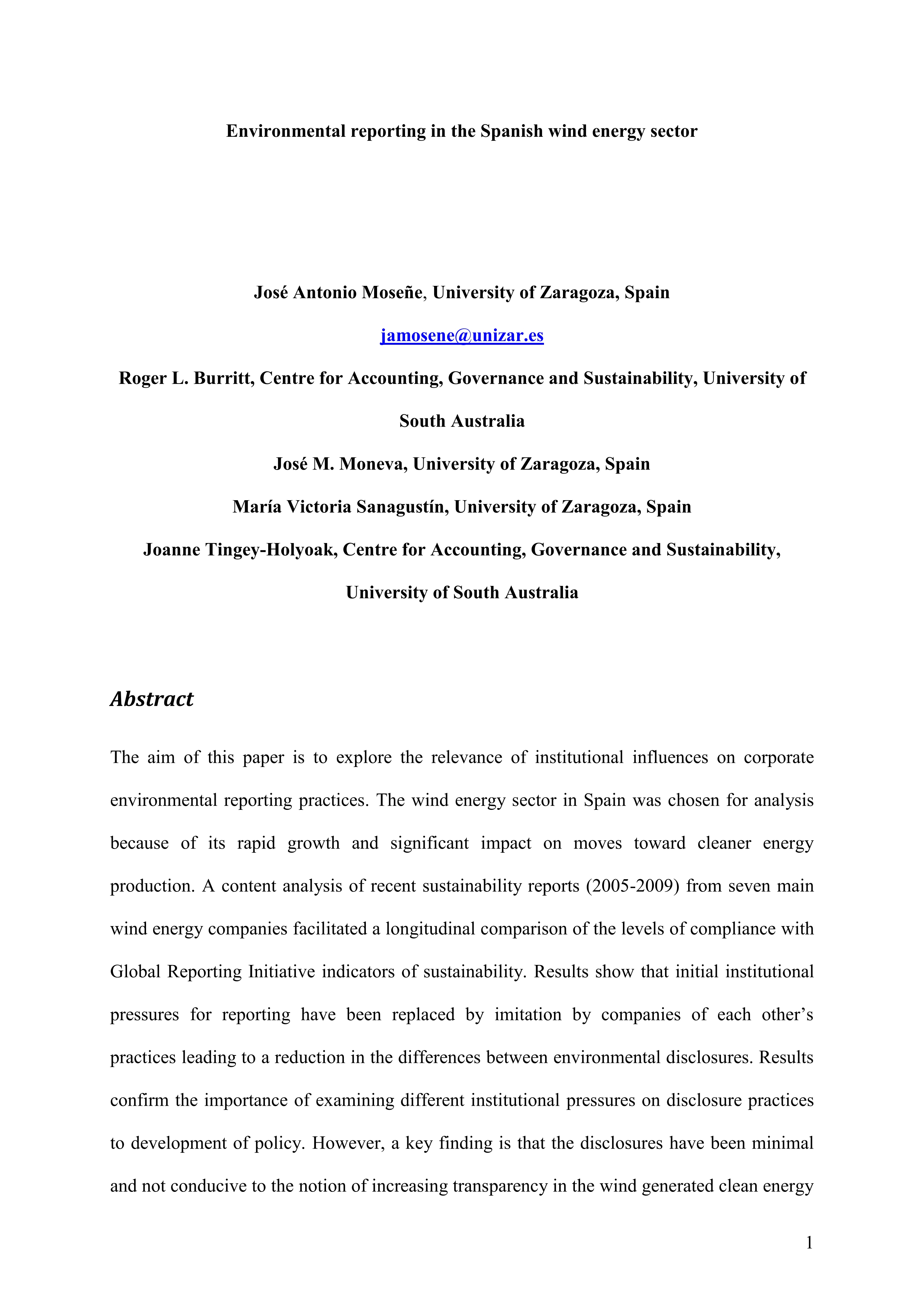 Environmental reporting in the Spanish wind energy sector: an institutional view