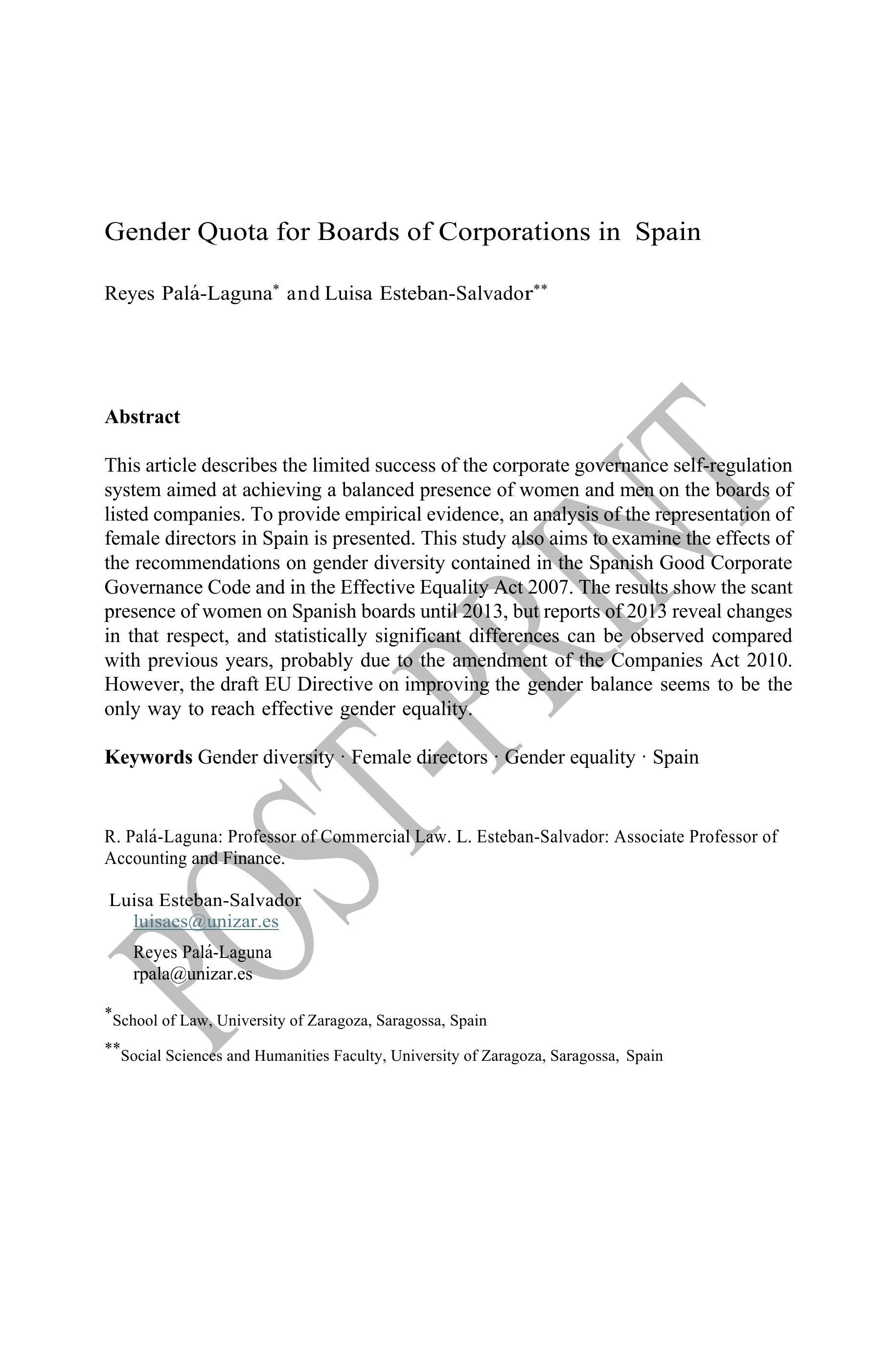 Gender Quota for Boards of Corporations in Spain