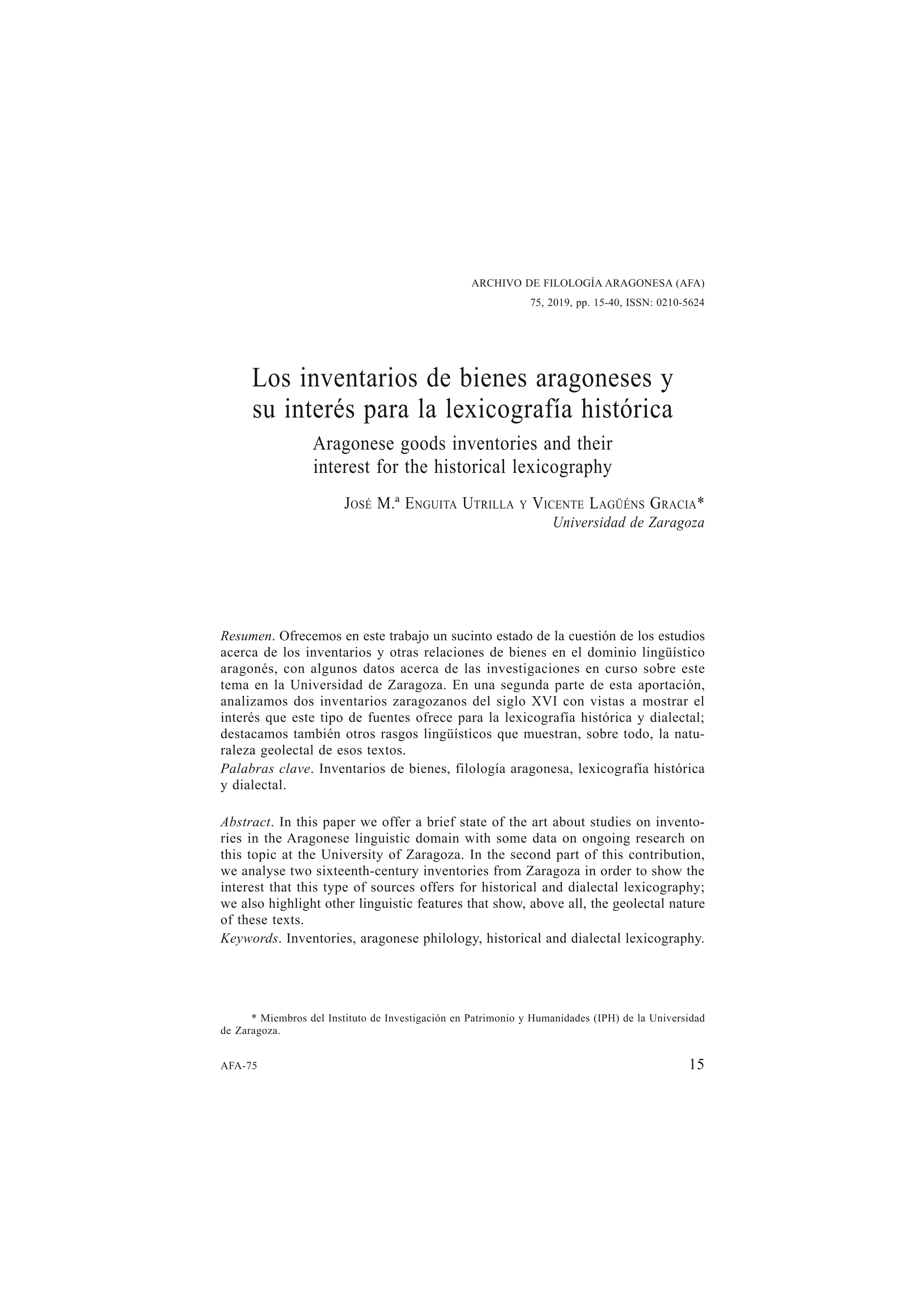 Los inventarios de bienes aragoneses y su interés para la lexicografía histórica