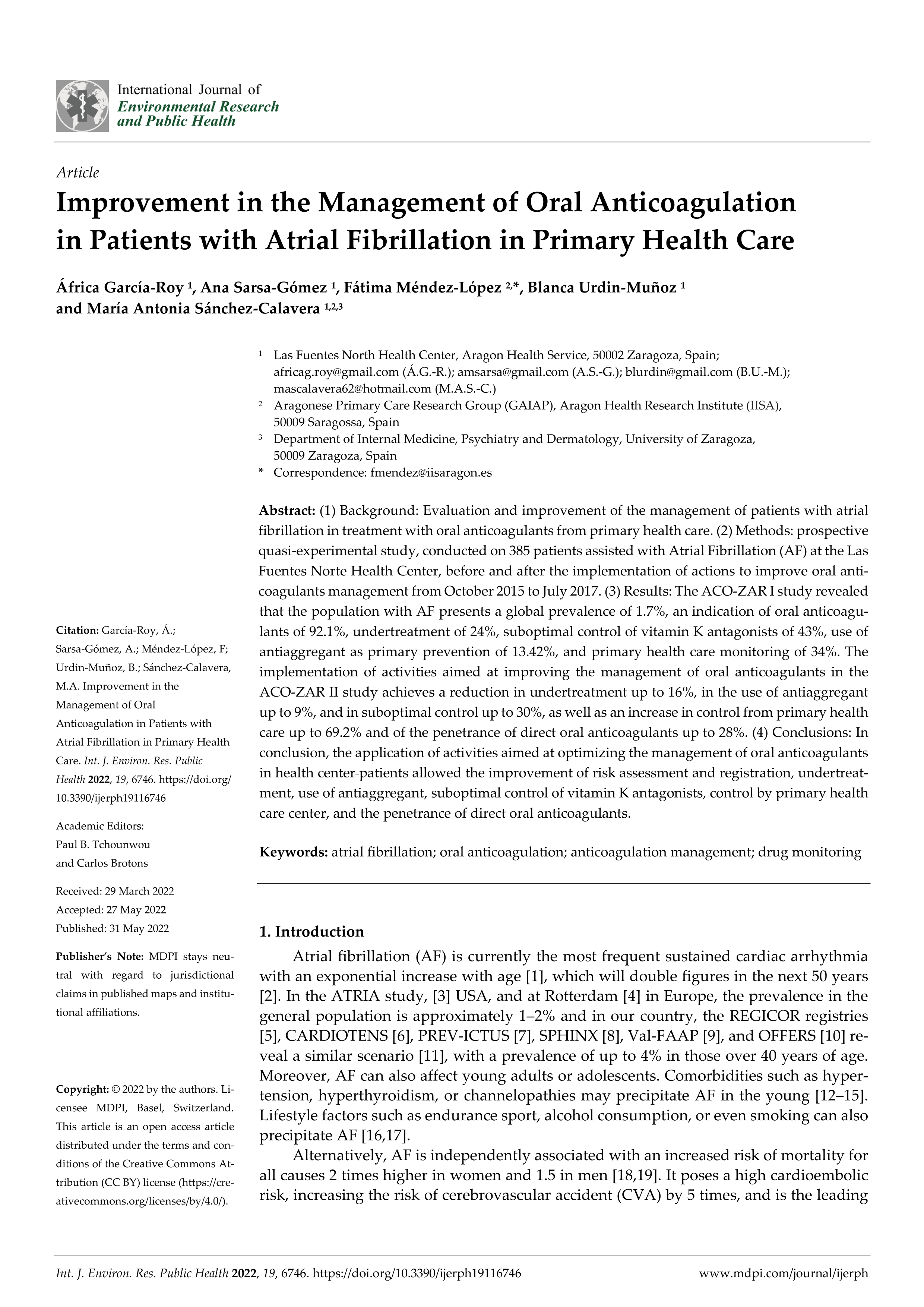 Improvement in the Management of Oral Anticoagulation in Patients with Atrial Fibrillation in Primary Health Care