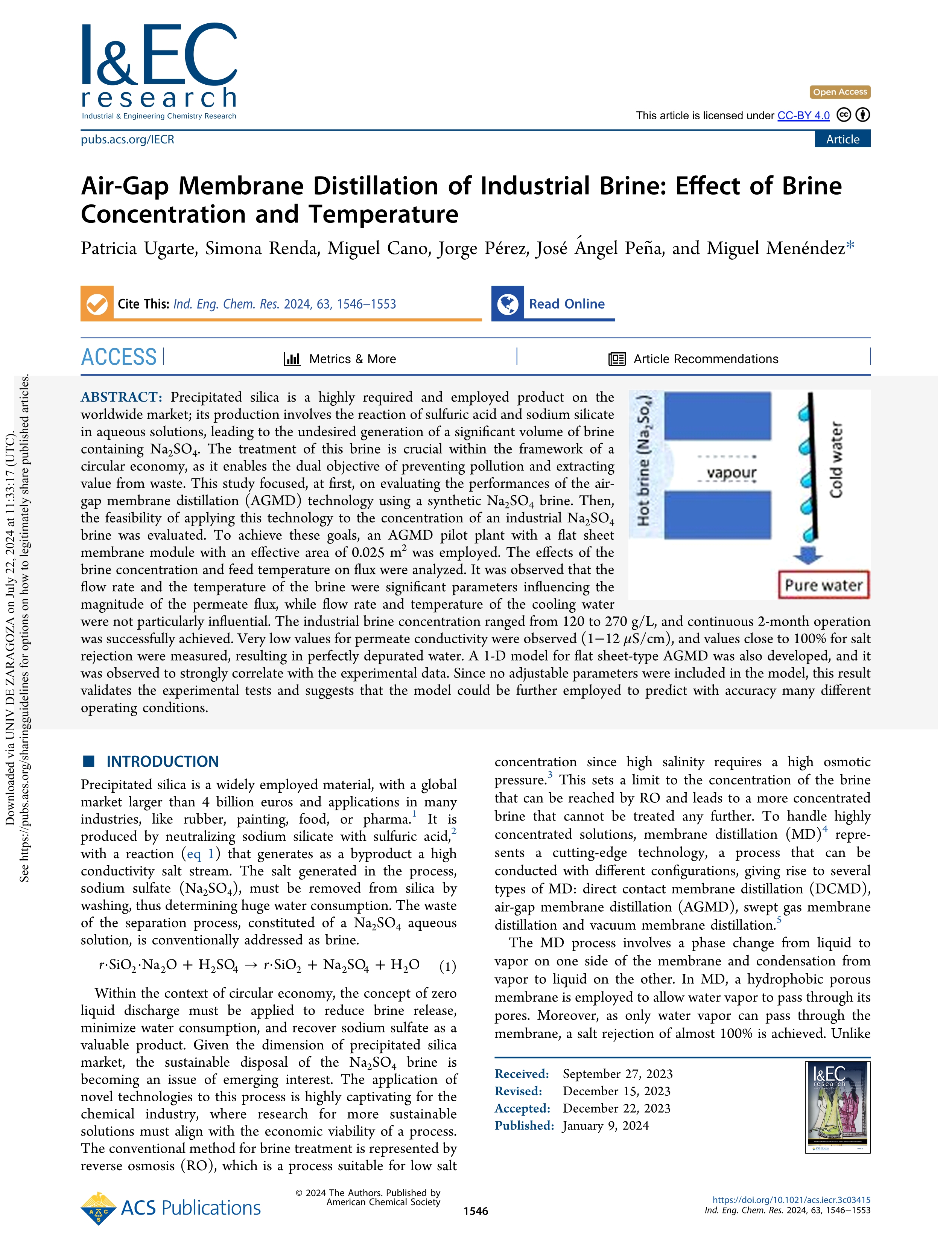 Air-Gap Membrane Distillation of Industrial Brine: Effect of Brine Concentration and Temperature