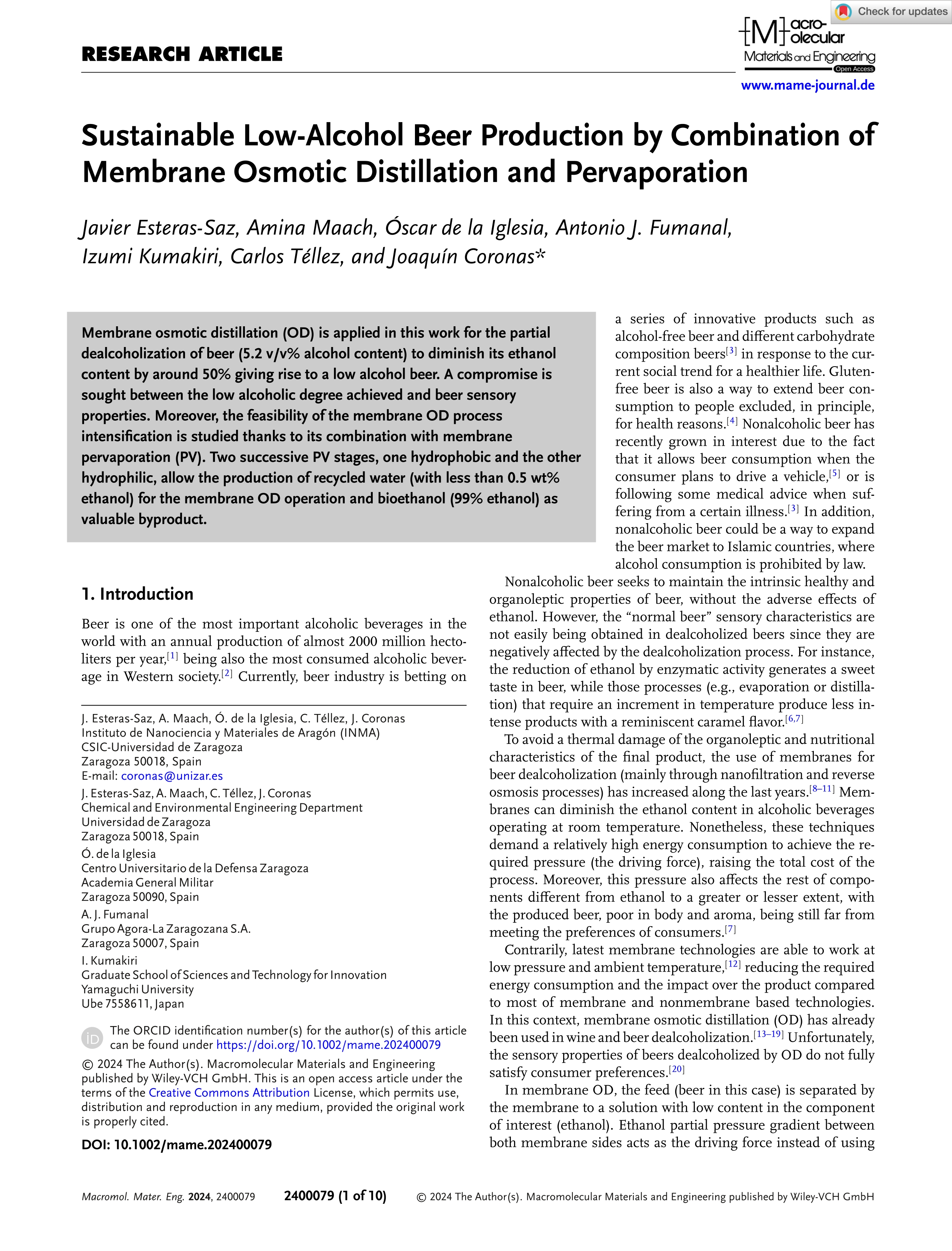 Sustainable low-alcohol beer production by combination of membrane osmotic distillation and pervaporation