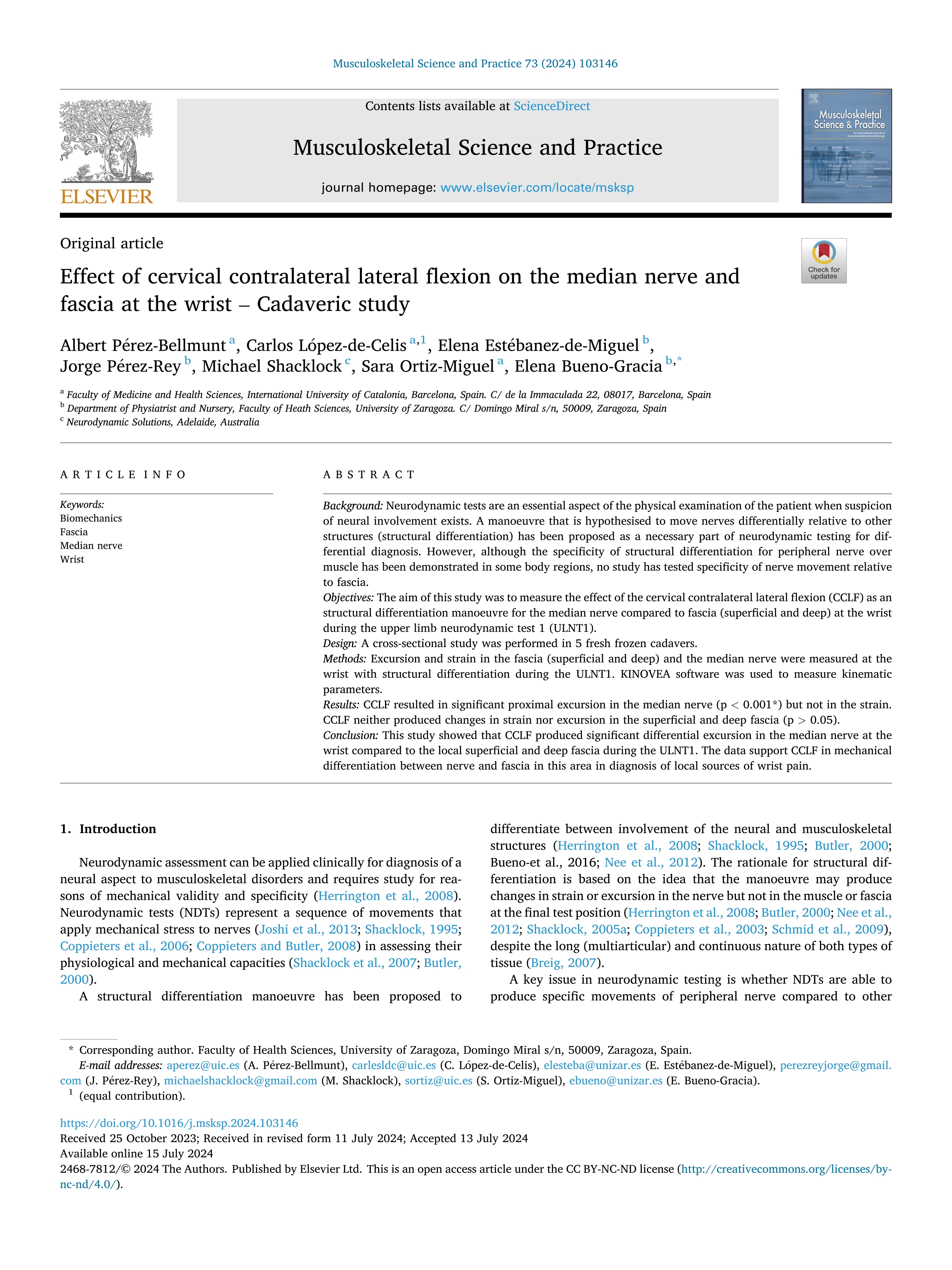 Effect of cervical contralateral lateral flexion on the median nerve and fascia at the wrist – Cadaveric study