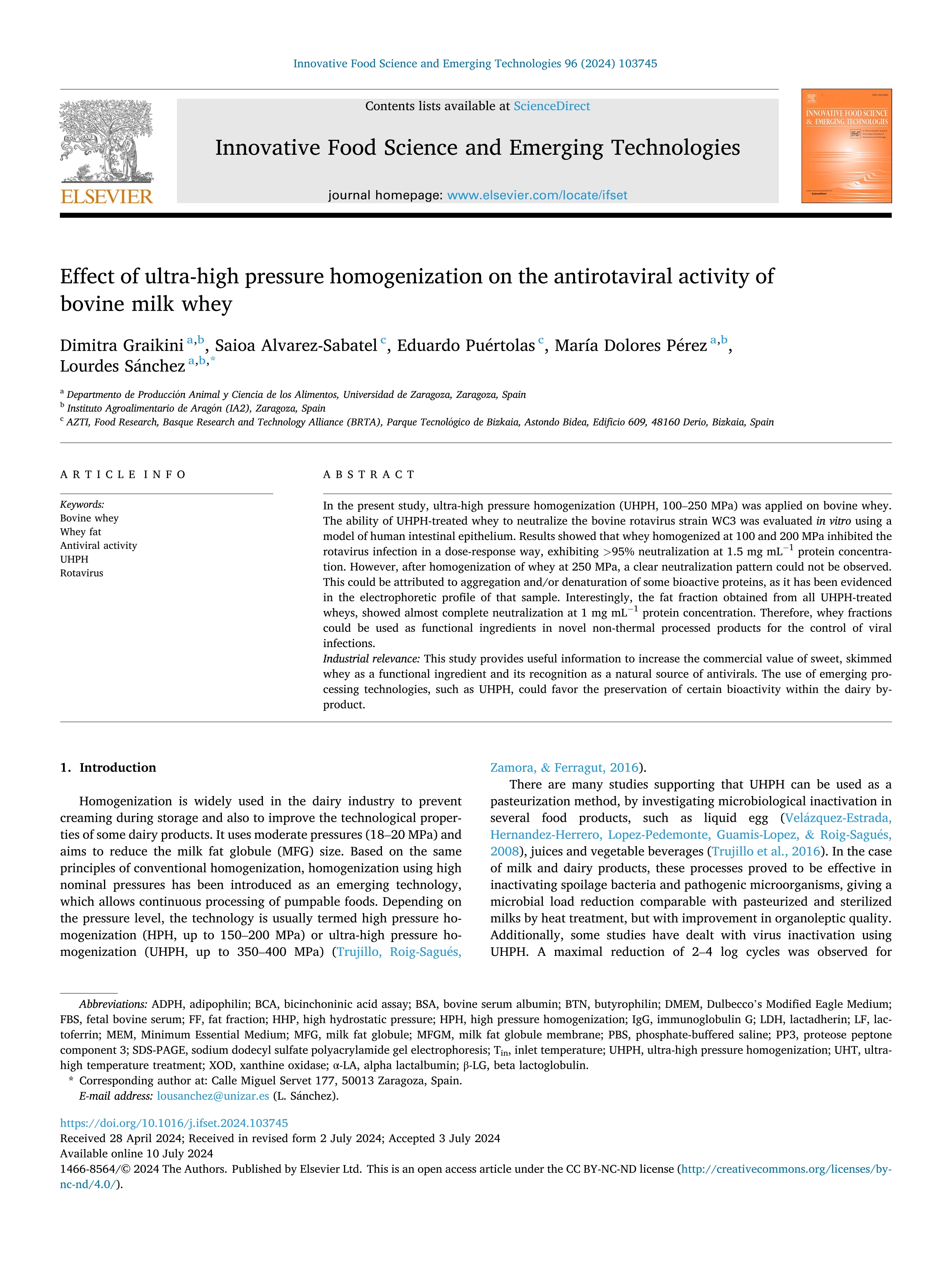 Effect of ultra-high pressure homogenization on the antirotaviral activity of bovine milk whey