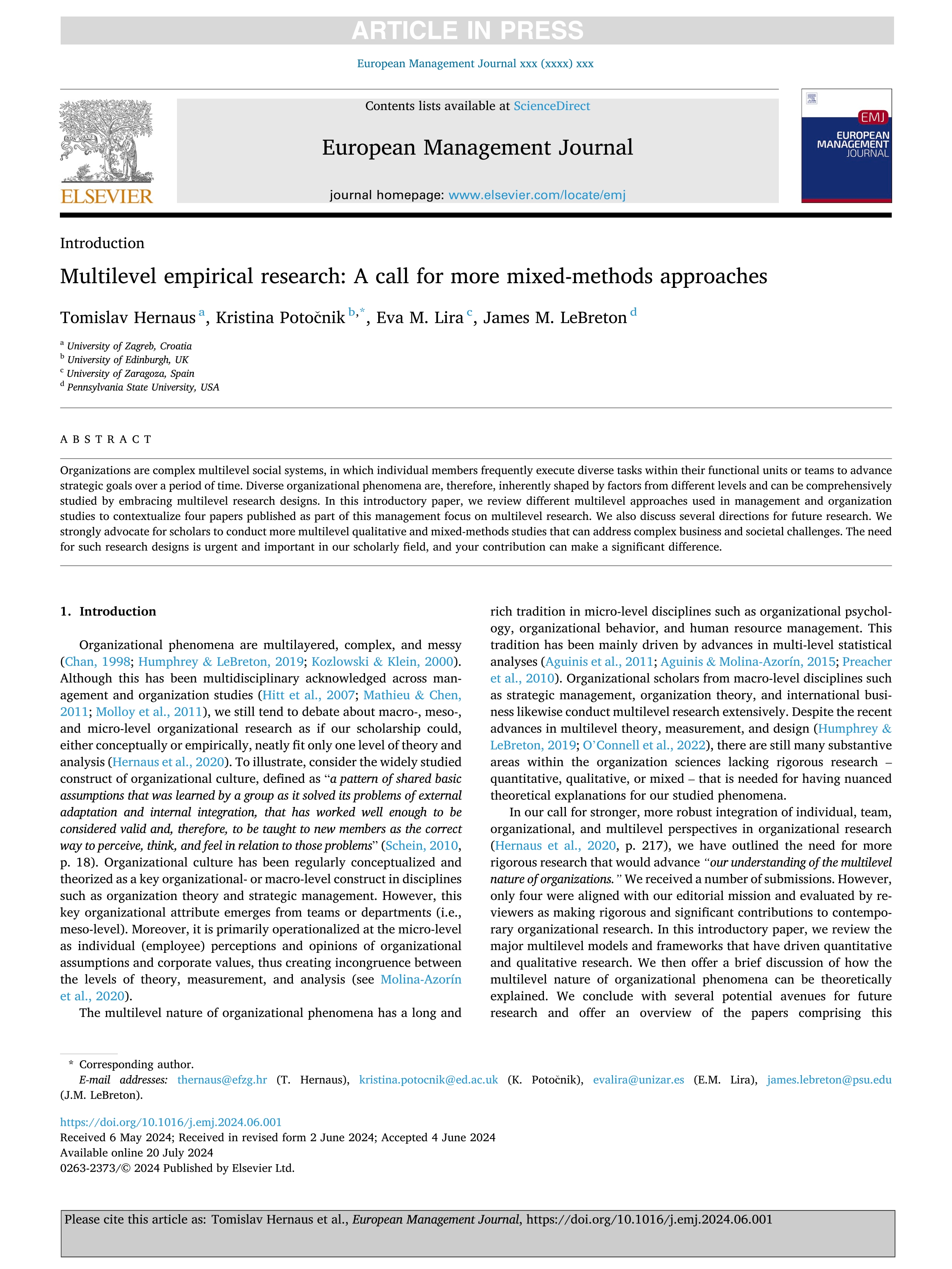 Multilevel empirical research: A call for more mixed-methods approaches