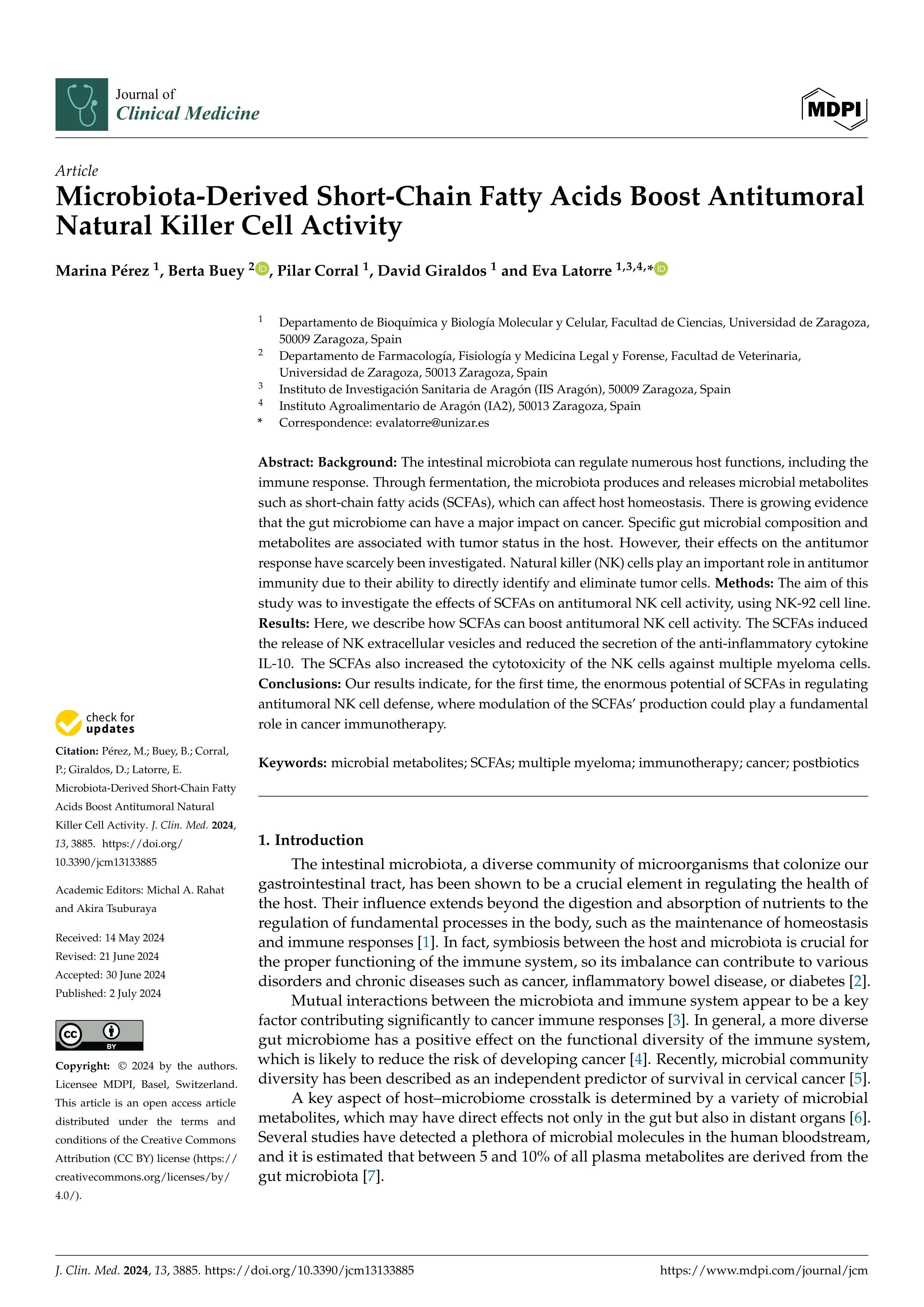 Microbiota-derived short-chain fatty acids boost antitumoral natural killer cell activity