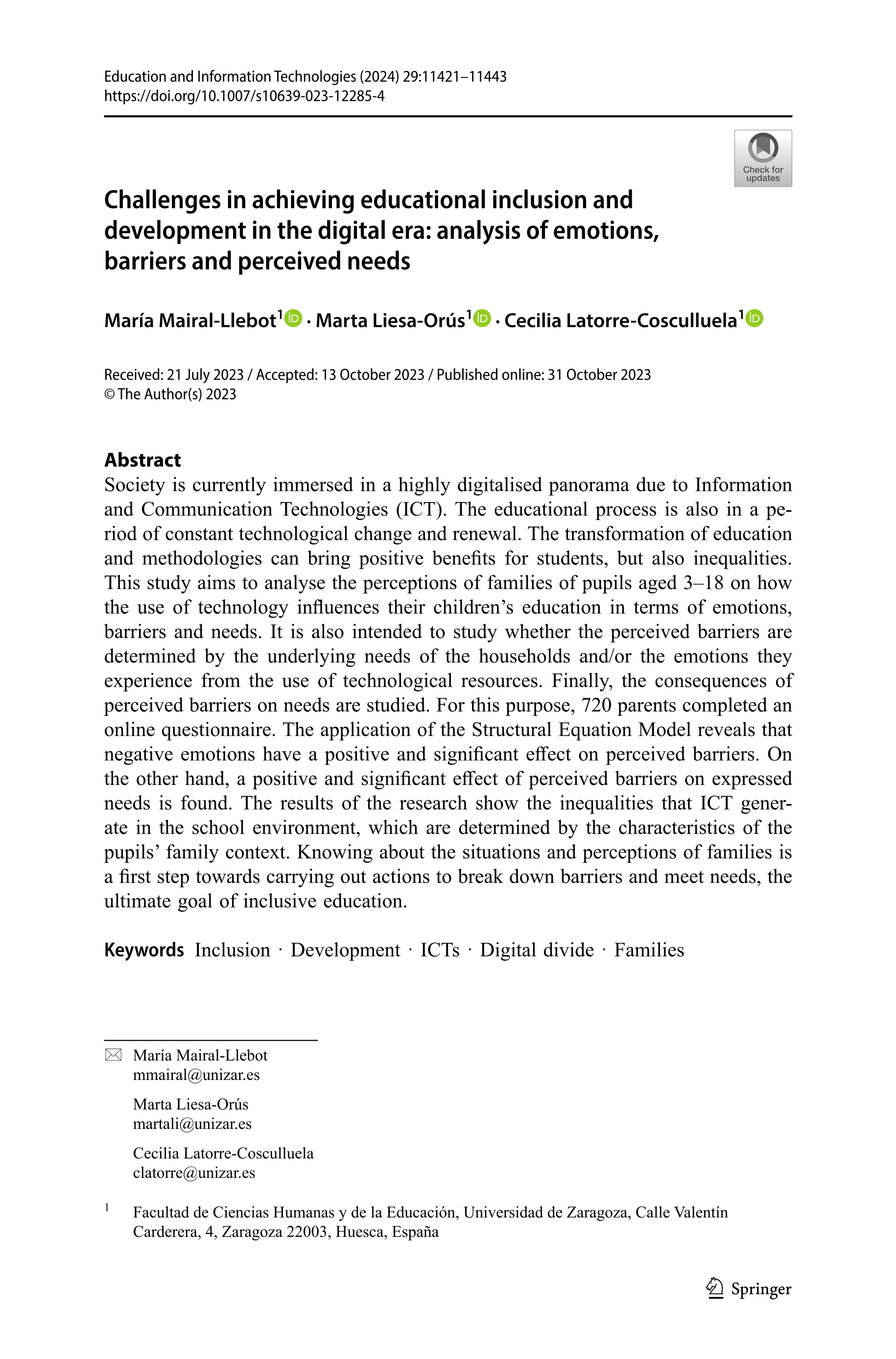 Challenges in achieving educational inclusion and development in the digital era: analysis of emotions, barriers and perceived needs