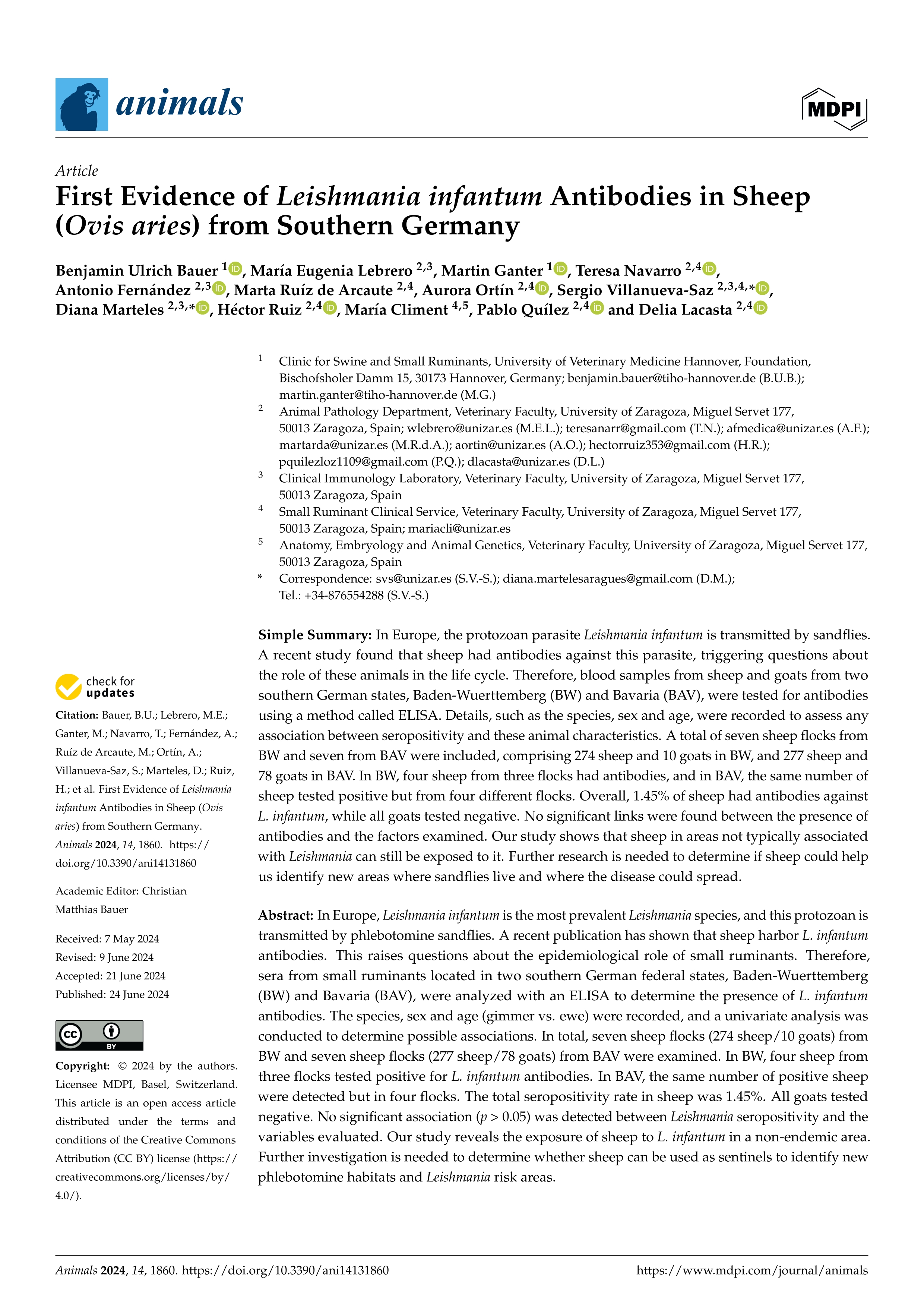 First evidence of leishmania infantum antibodies in sheep (ovis aries) from southern germany