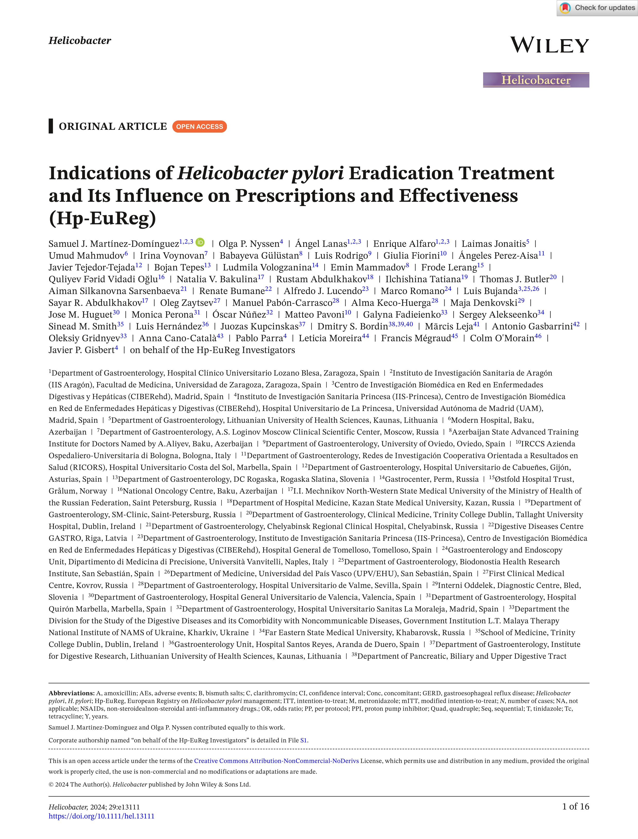 Indications of Helicobacter pylori eradication treatmentand its influence on prescriptions and effectiveness (Hp-EuReg)
