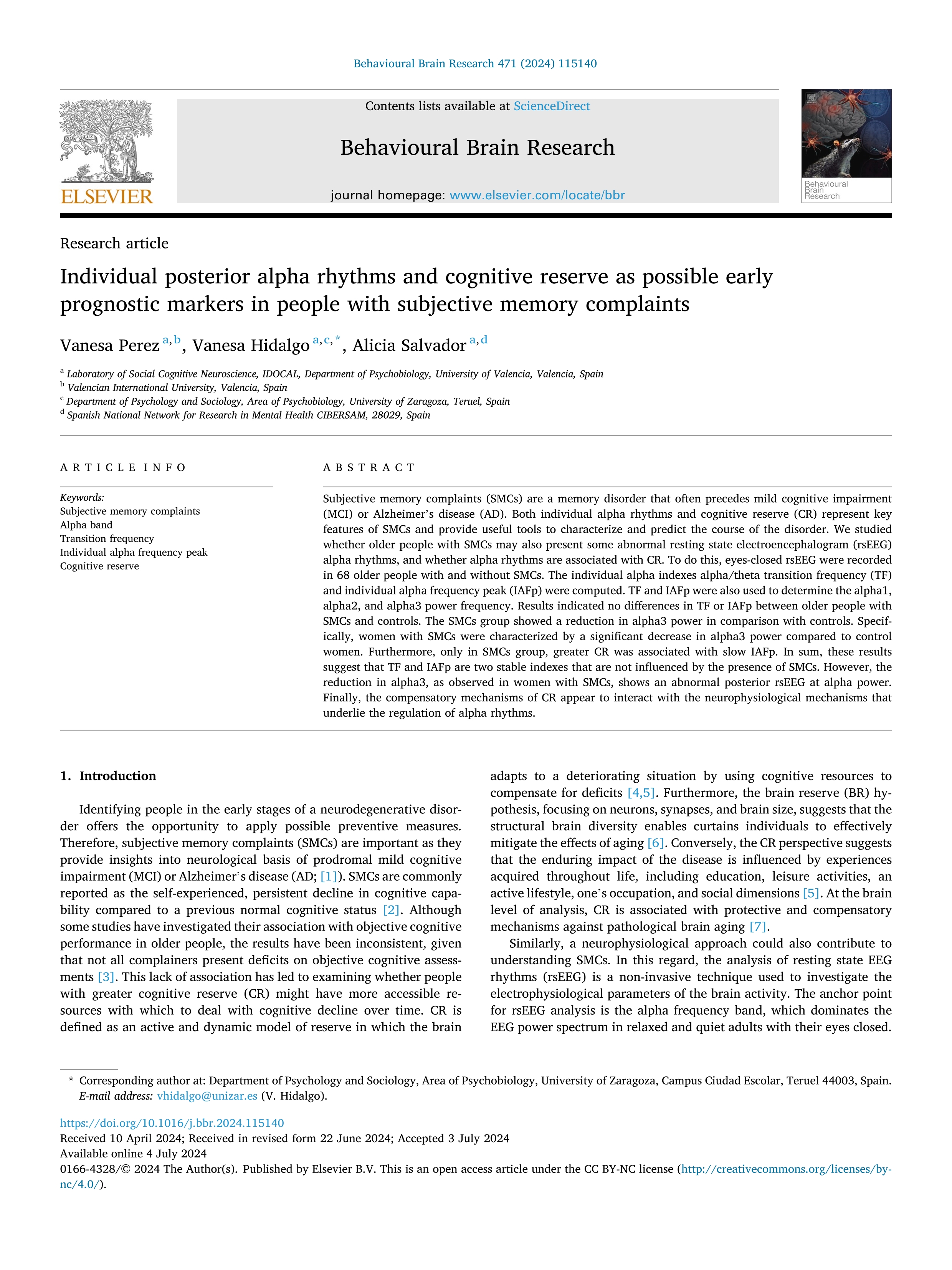 Individual posterior alpha rhythms and cognitive reserve as possible early prognostic markers in people with subjective memory complaints