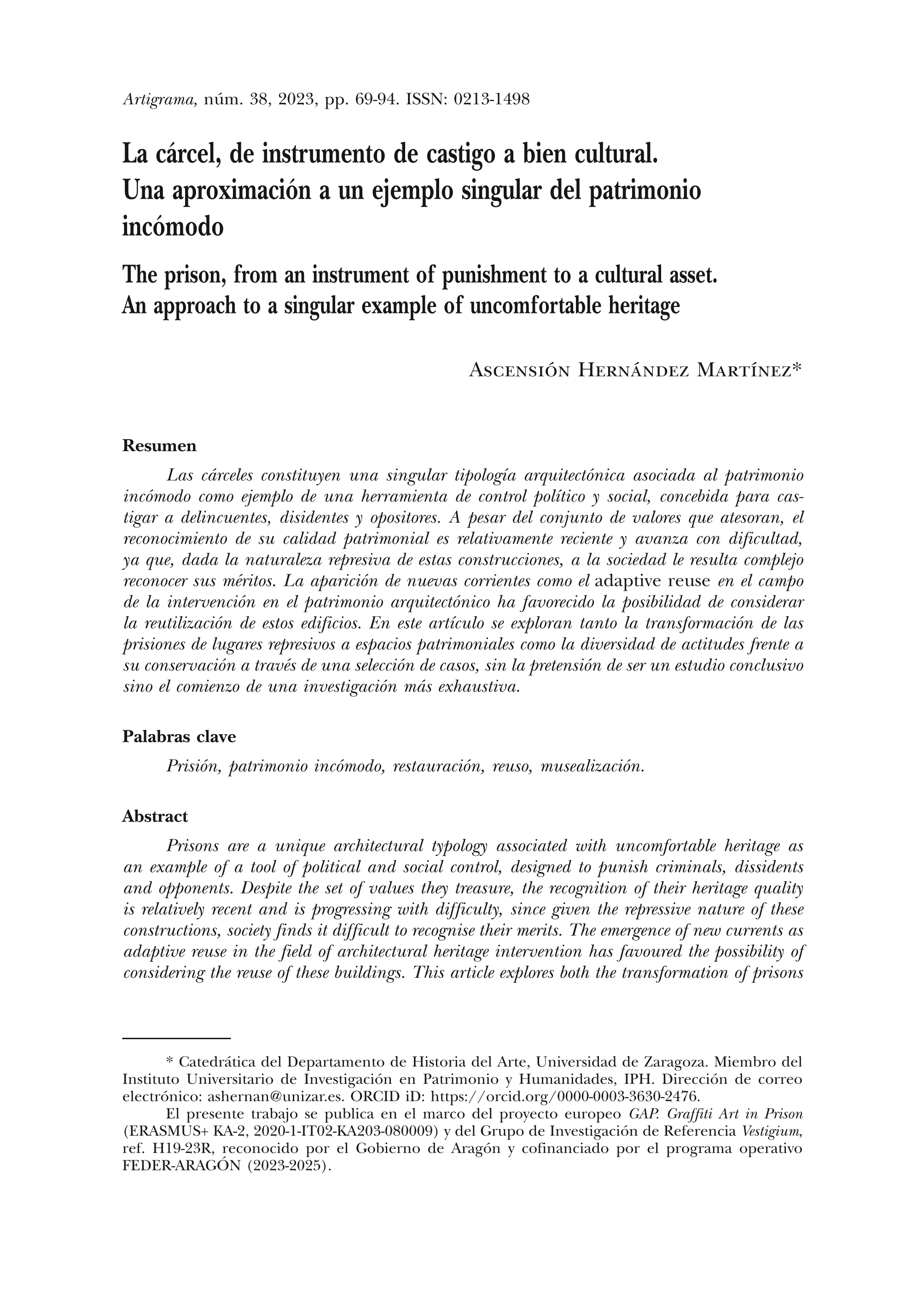 La cárcel, de instrumento de castigo a bien cultural. Una aproximación a un ejemplo singular del patrimonio incómodo