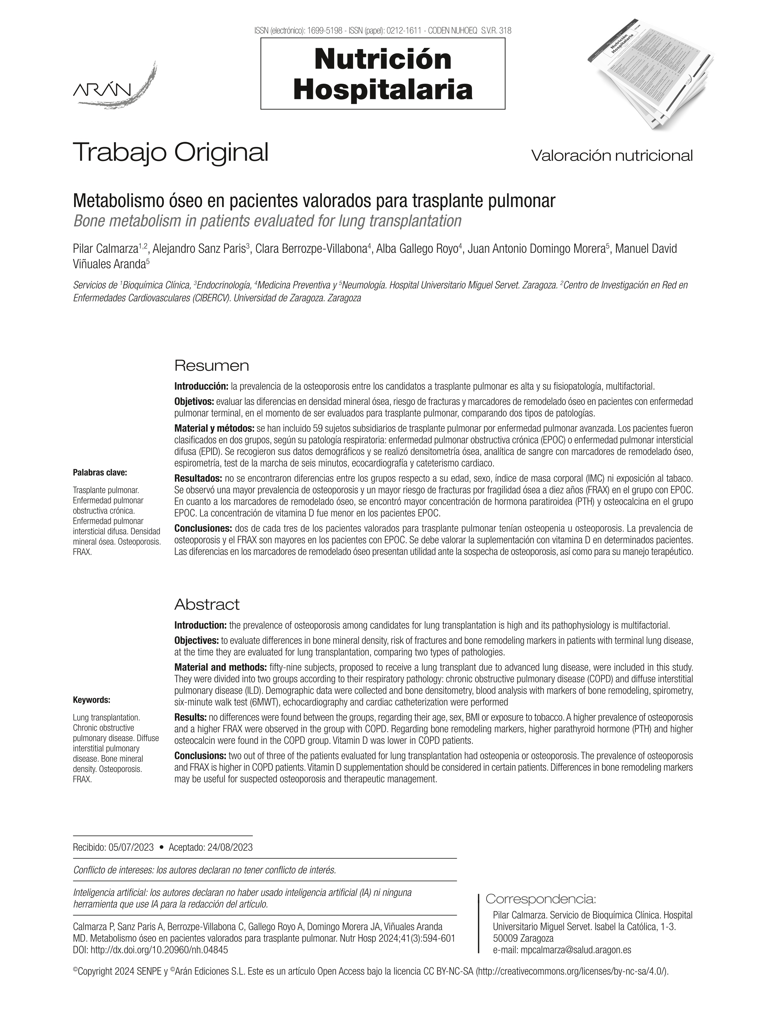 Metabolismo óseo en pacientes valorados para trasplante pulmonar