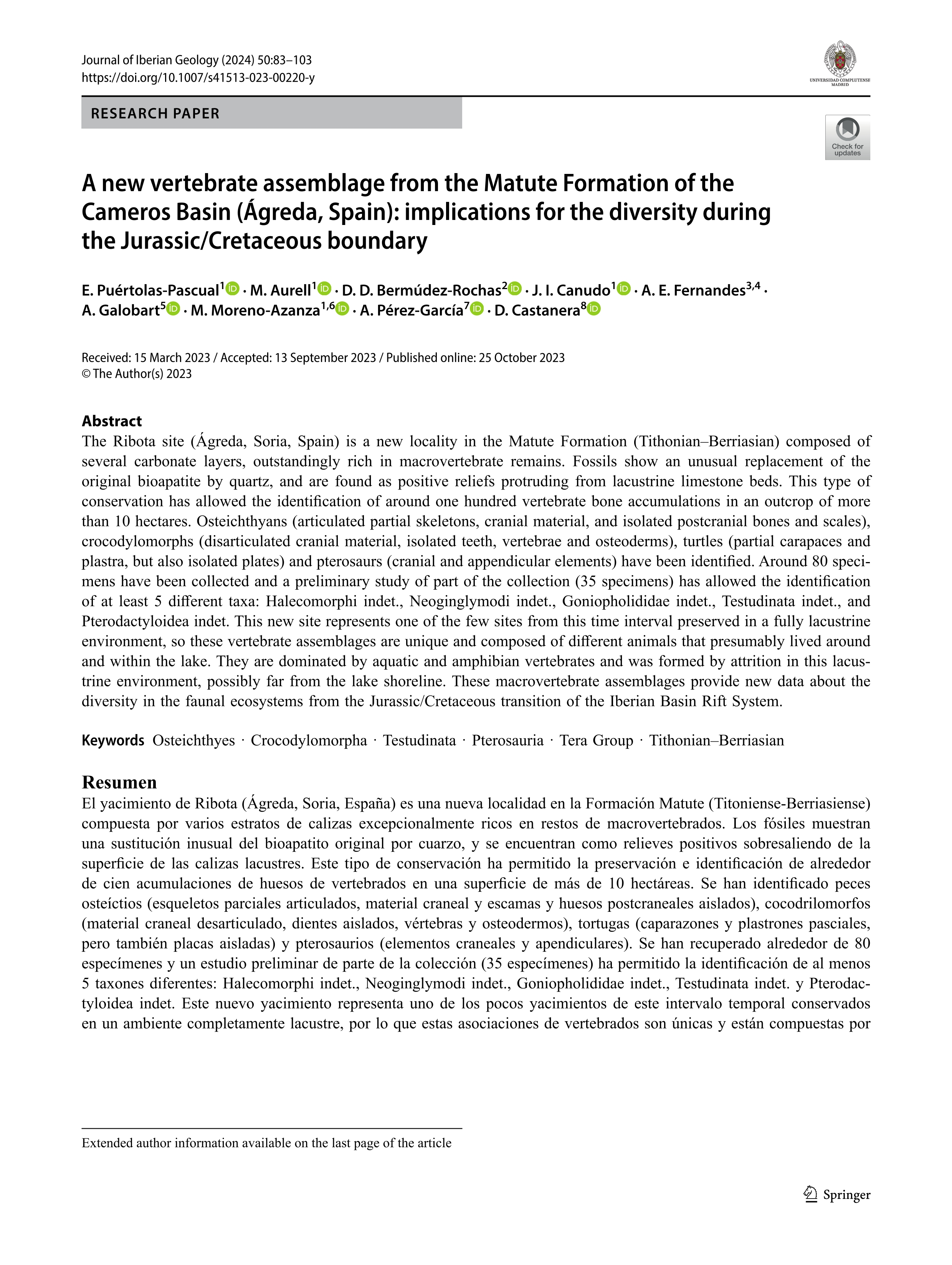 A new vertebrate assemblage from the Matute Formation of the Cameros Basin (Ágreda, Spain): implications for the diversity during the Jurassic/Cretaceous boundary