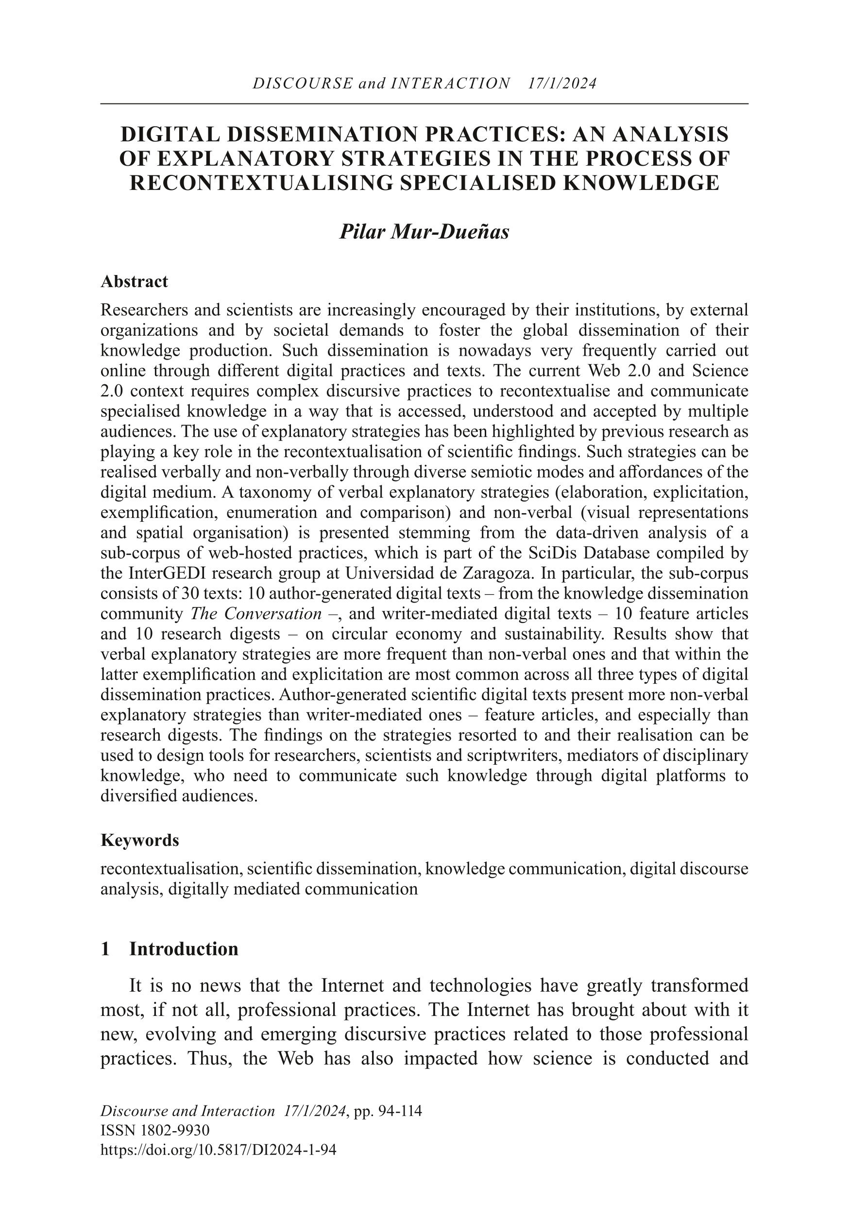 Digital dissemination practices: An analysis of explanatory strategies in the process of recontextualising specialised knowledge