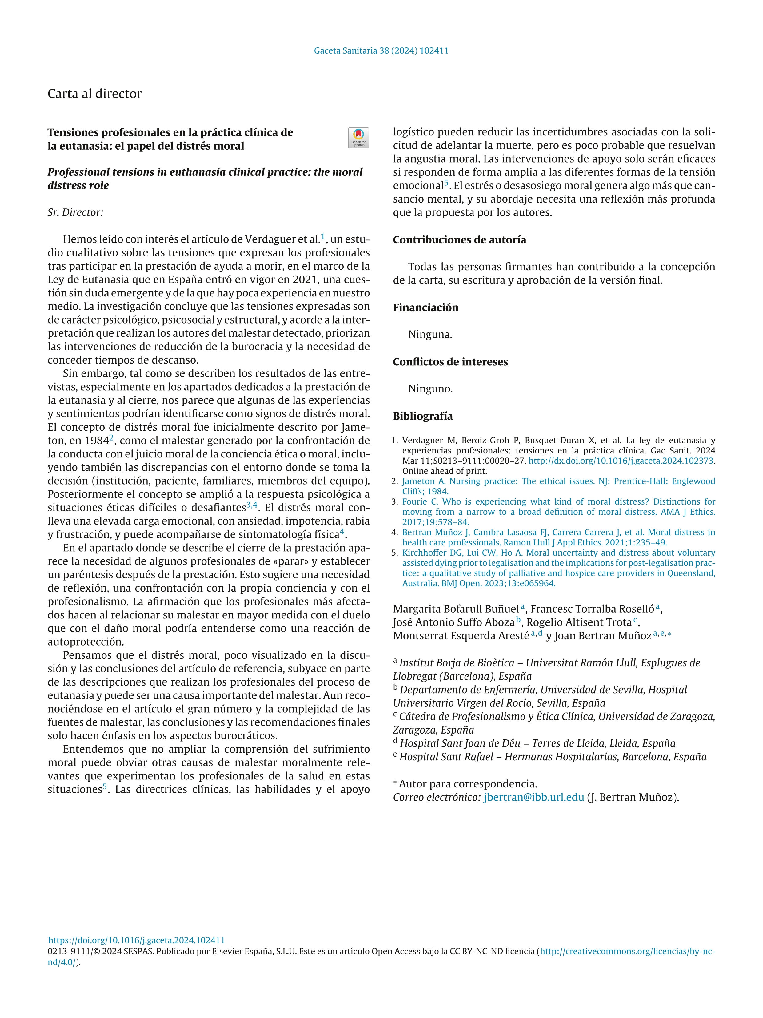 Tensiones profesionales en la práctica clínica de la eutanasia: el papel del distrés moral